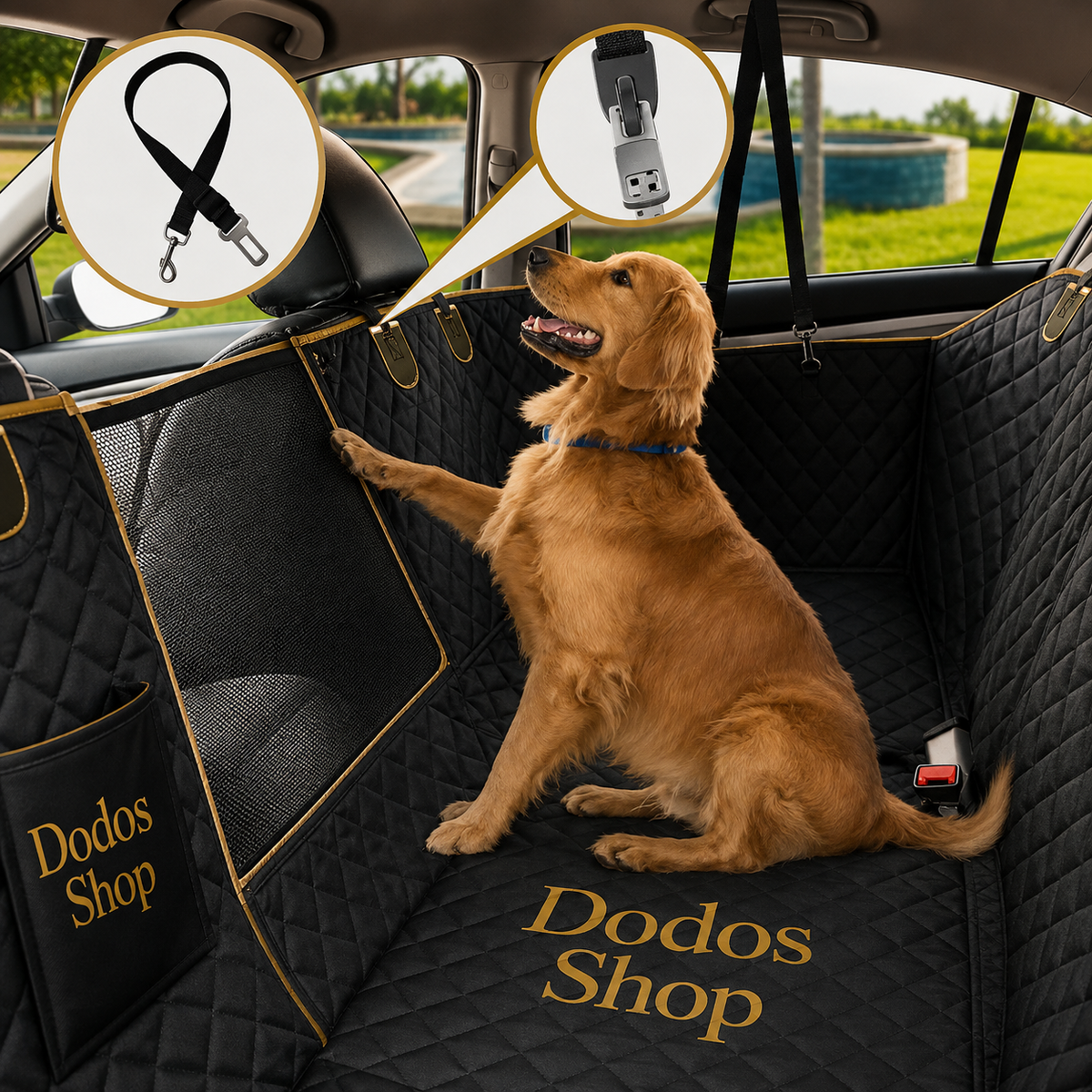 Pet Car Seat Cover
A golden retriever sits in the back of a car wearing a black quilted pet car seat cover with gold trim and mesh panels. Two circular inset callouts at the top show included accessories: a black strap and a USB charging port cover.