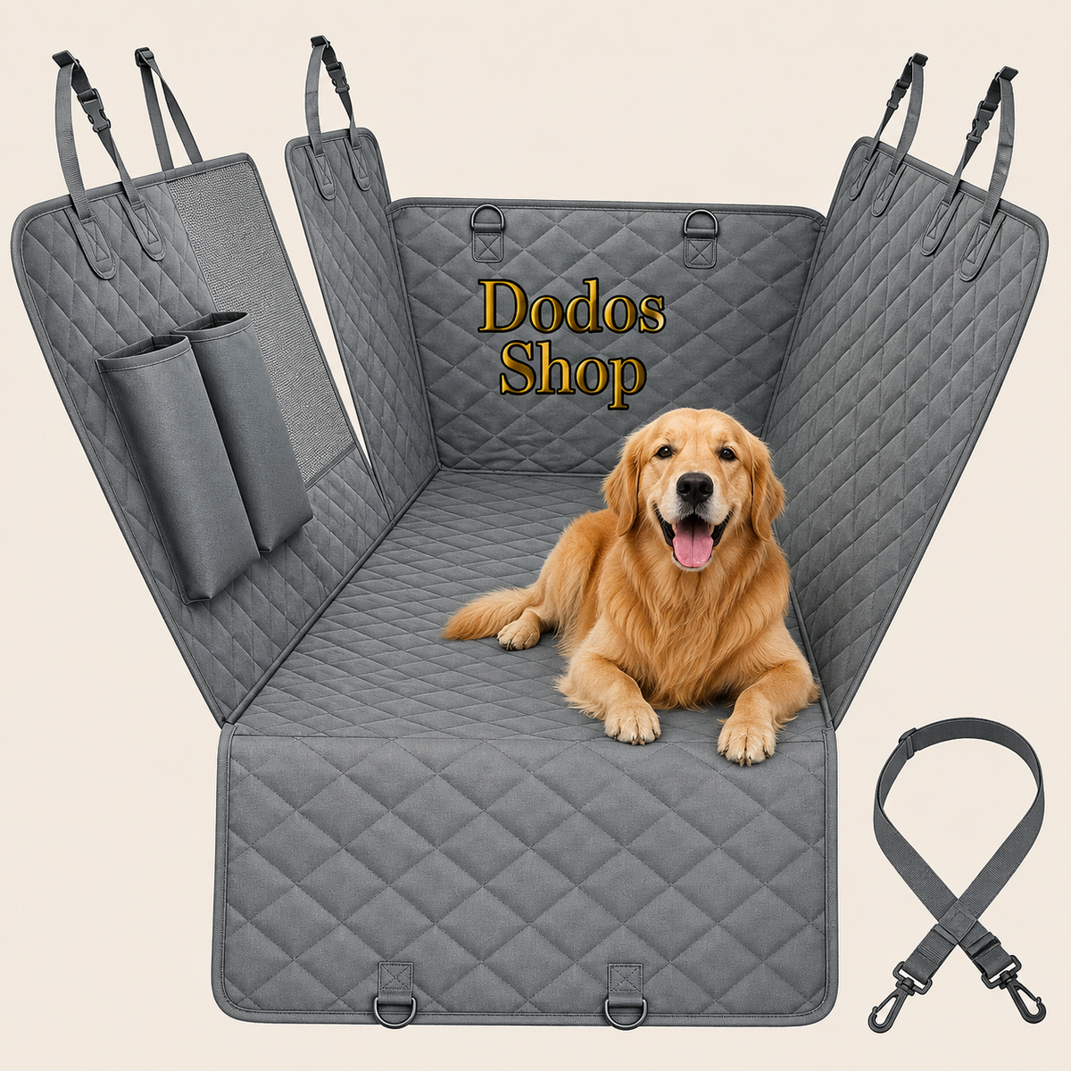 Pet Car Seat Cover
A gray quilted pet car seat cover with side panels and a gold retriever dog lying on it, shown on a plain beige background. A strap accessory is pictured at lower right, and the text 'Dodos Shop' appears on the cover.