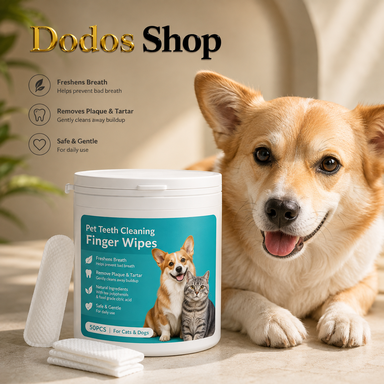 Pet Teeth Cleaning Wipes
A white tub of Dodos Shop pet teeth cleaning finger wipes sits on a tabletop next to a corgi and a tabby cat, with cotton pads beside the container and marketing text on the left.