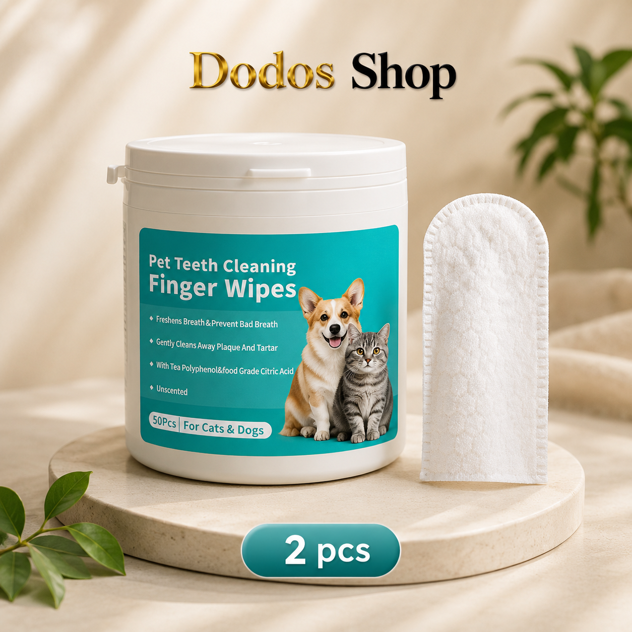 Pet Teeth Cleaning Wipes
A white plastic jar of pet teeth cleaning finger wipes with a teal label, shown next to a single white wipe on a beige pedestal. The label includes photos of a corgi and a cat and reads 'Pet Teeth Cleaning Finger Wipes' and '50pcs For Cats & Dogs.