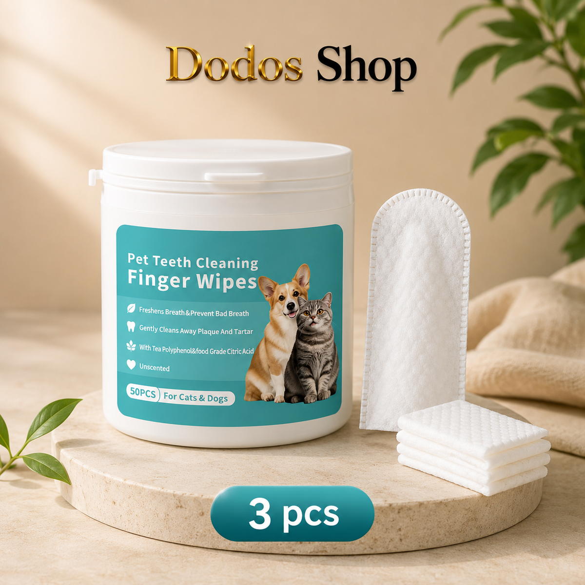 A white plastic tub of Dodos Shop Pet Teeth Cleaning Finger Wipes with a teal label, shown beside three white reusable wipes on a beige surface. The scene includes a dog and cat printed on the label, decorative leaves, a folded beige cloth, and a '3 pcs' badge.