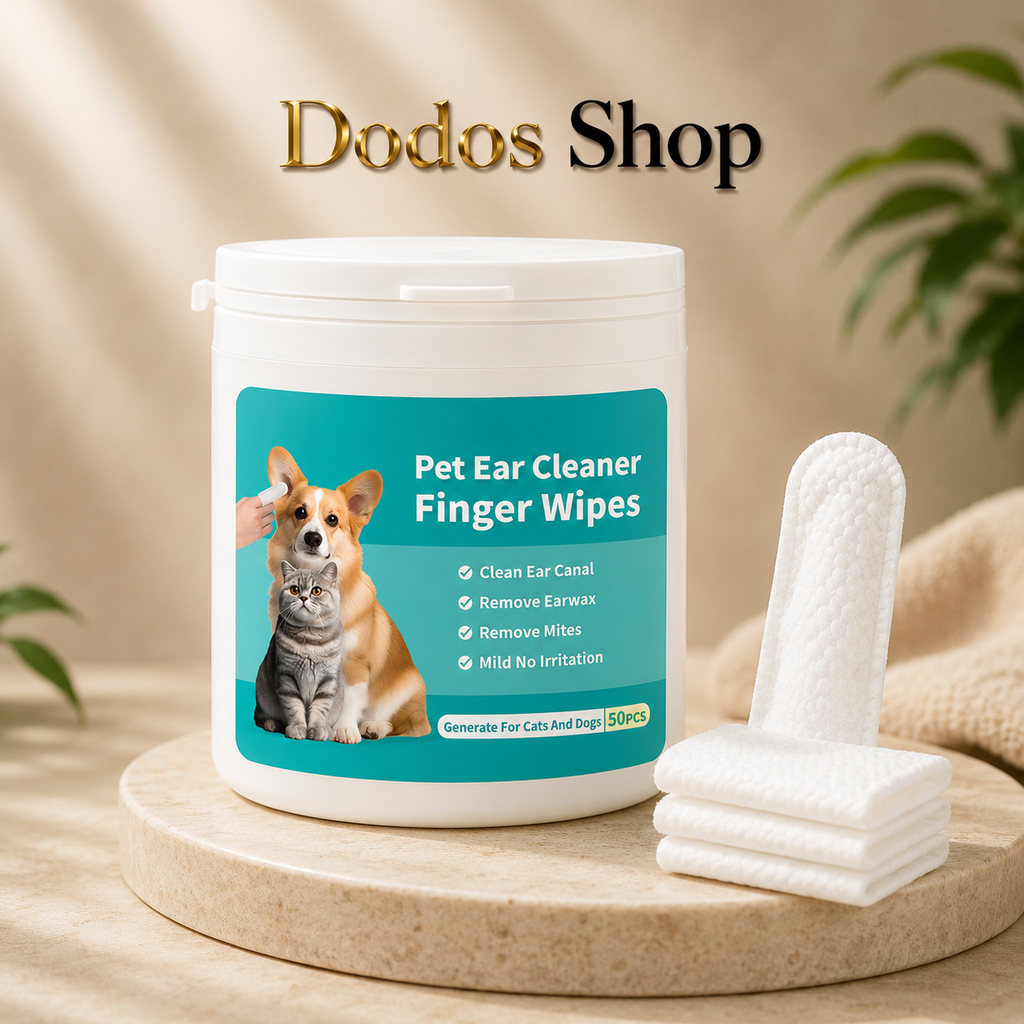 Pet Teeth Cleaning Wipes
A white plastic tub of Dodos Shop Pet Ear Cleaner Finger Wipes sits on a round beige pedestal, with three folded white wipes standing beside it. The label shows a teal panel with a dog, cat, and human hand, plus text listing ear cleaning benefits.