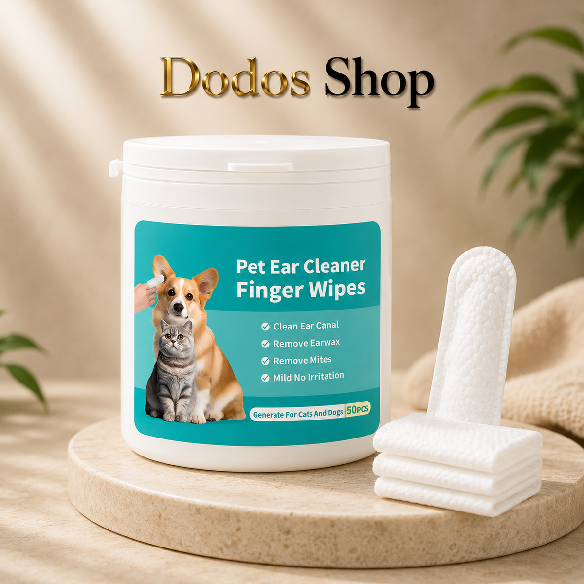 Pet Teeth Cleaning Wipes
A white plastic tub of Dodos Shop Pet Ear Cleaner Finger Wipes sits on a round beige pedestal, with three folded white wipes standing beside it. The label shows a teal panel with a dog, cat, and human hand, plus text listing ear cleaning benefits.