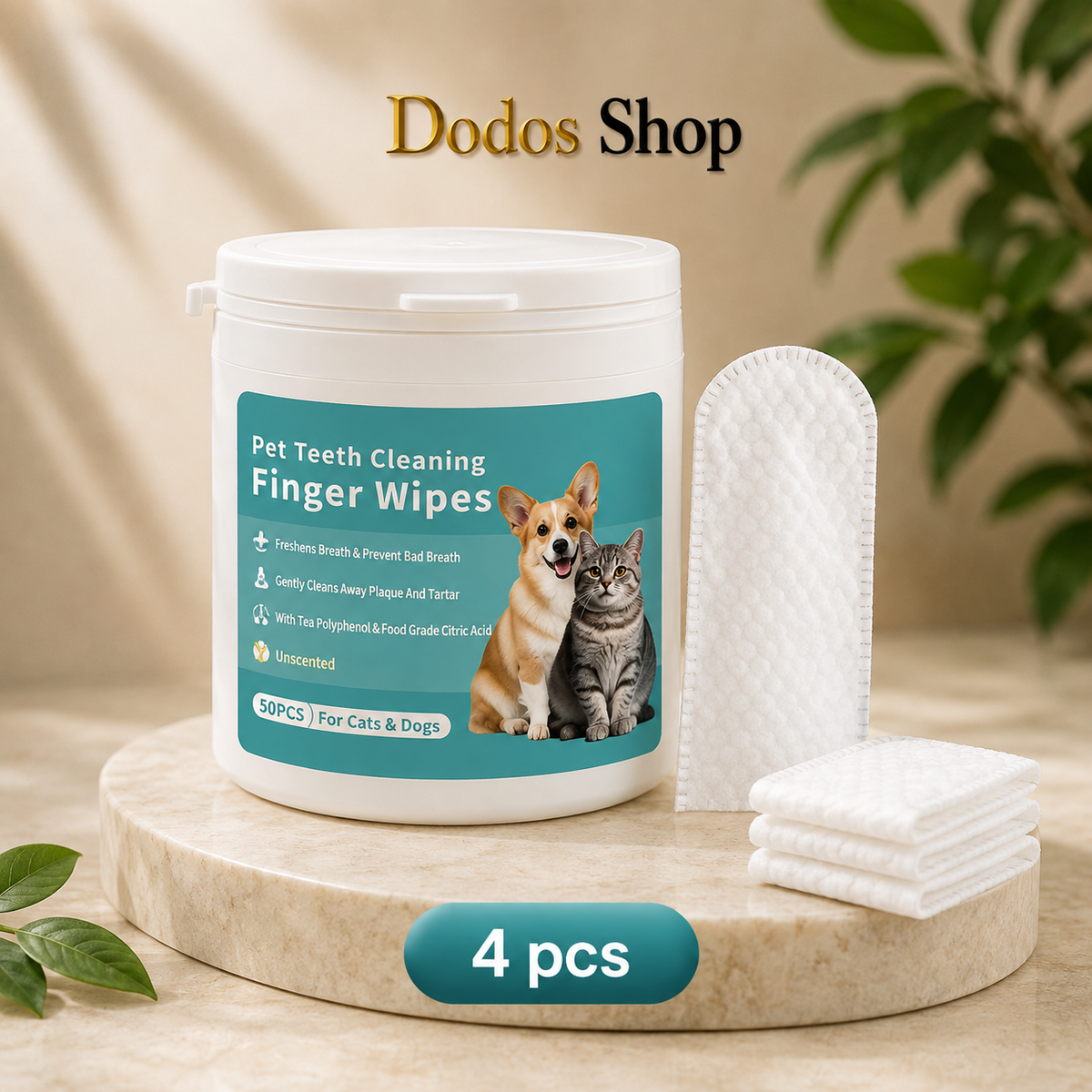 Pet Teeth Cleaning Wipes
A white plastic tub of Dodos Shop pet teeth cleaning finger wipes sits on a round stone pedestal, with two folded white wipes beside it. The label shows a dog and cat and reads 'Pet Teeth Cleaning Finger Wipes' and '50PCS | For Cats & Dogs.