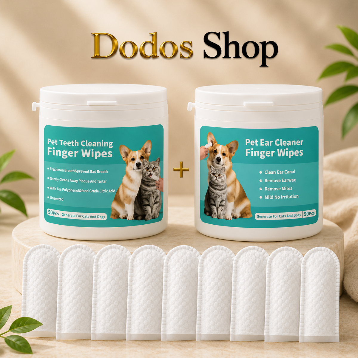 Pet Teeth Cleaning Wipes
Two white plastic pet care containers labeled 'Dodos Shop' with teal labels, shown side by side on a beige pedestal with white wipes in front. The left container is for pet teeth cleaning finger wipes, and the right is for pet ear cleaner wipes.