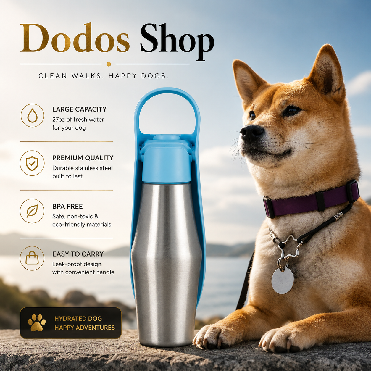 A stainless steel dog water bottle with a bright blue handle and cap is shown next to a Shiba Inu dog on a rock by the water, with marketing text and icons on the left. The brand Dodos Shop is prominently displayed at the top.