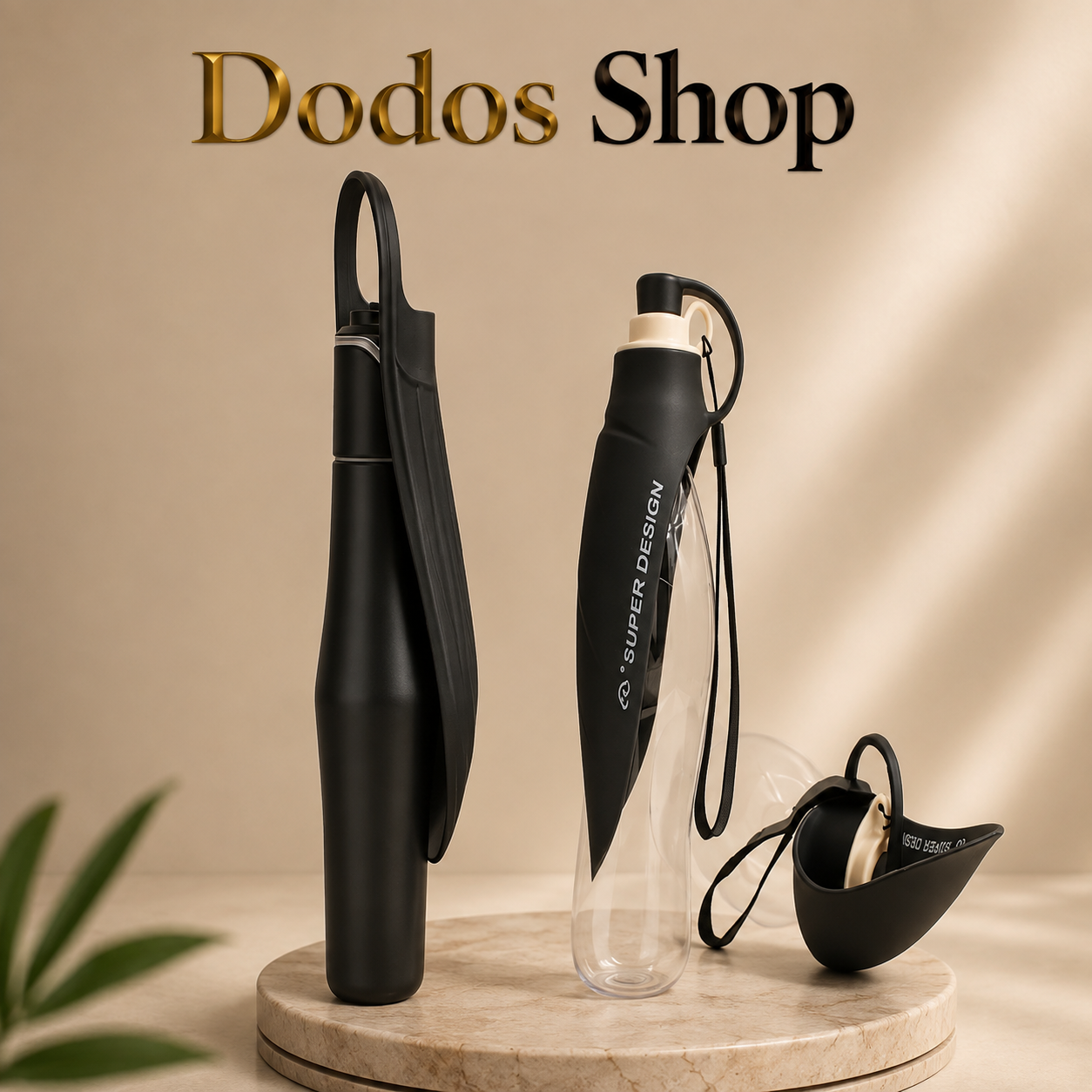 A black folding umbrella and its matching black rain cover are displayed on a round marble pedestal against a warm beige background. A clear water bottle stands beside them, and the text 'Dodos Shop' appears at the top.