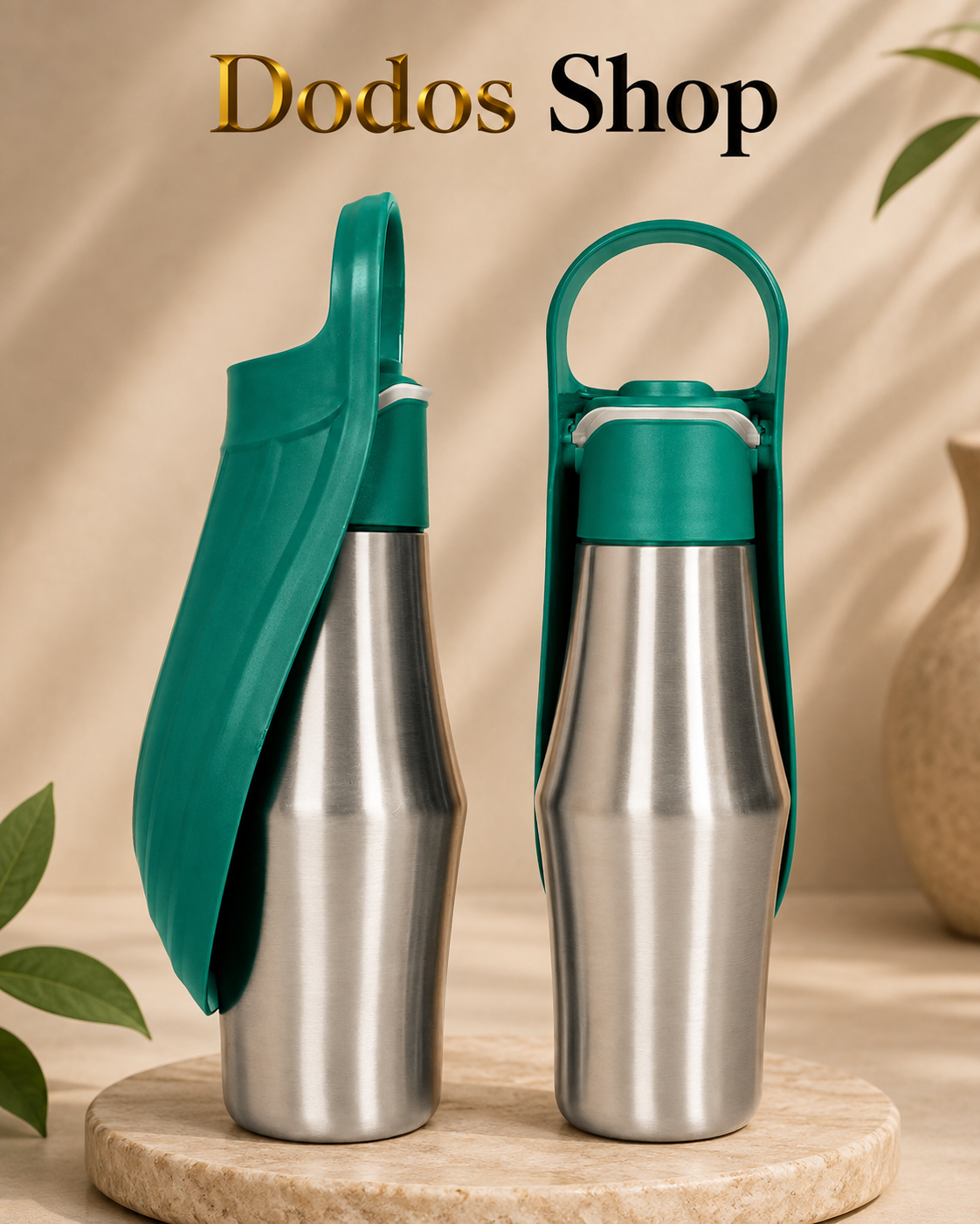 Two stainless steel water bottles with teal flip-top lids and carrying loops, displayed on a round stone coaster. The left bottle is shown with its lid flipped open, and the right bottle is closed.