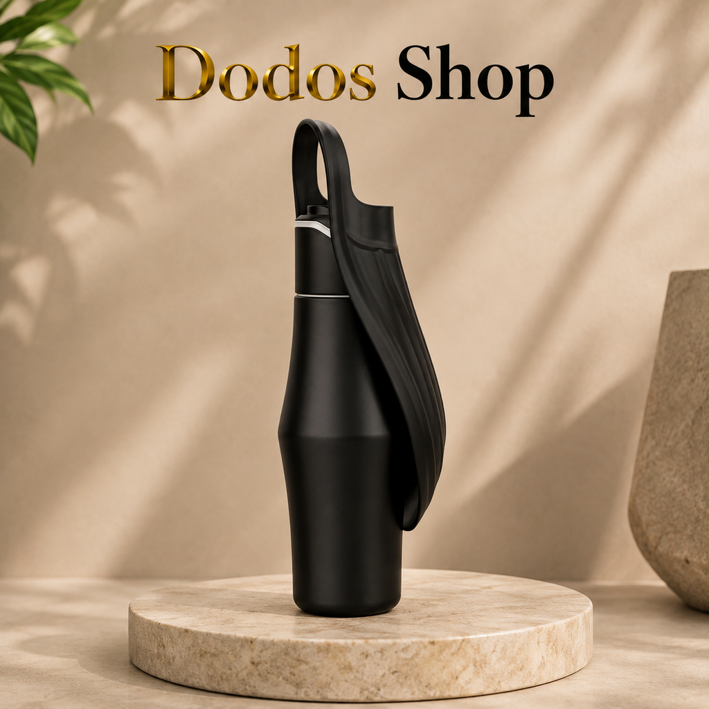 A matte black insulated bottle with a matching black sleeve or cover draped over the shoulder, displayed on a round stone pedestal. The background is a warm beige wall with soft leaf shadows, and the text 'Dodos Shop' appears at the top.