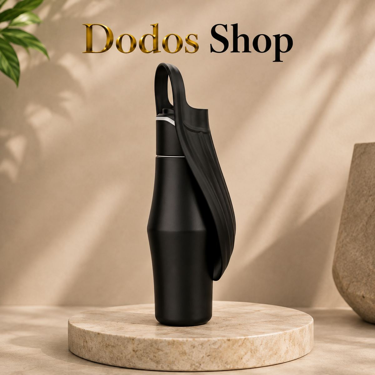 A matte black insulated bottle with a matching black sleeve or cover draped over the shoulder, displayed on a round stone pedestal. The background is a warm beige wall with soft leaf shadows, and the text 'Dodos Shop' appears at the top.