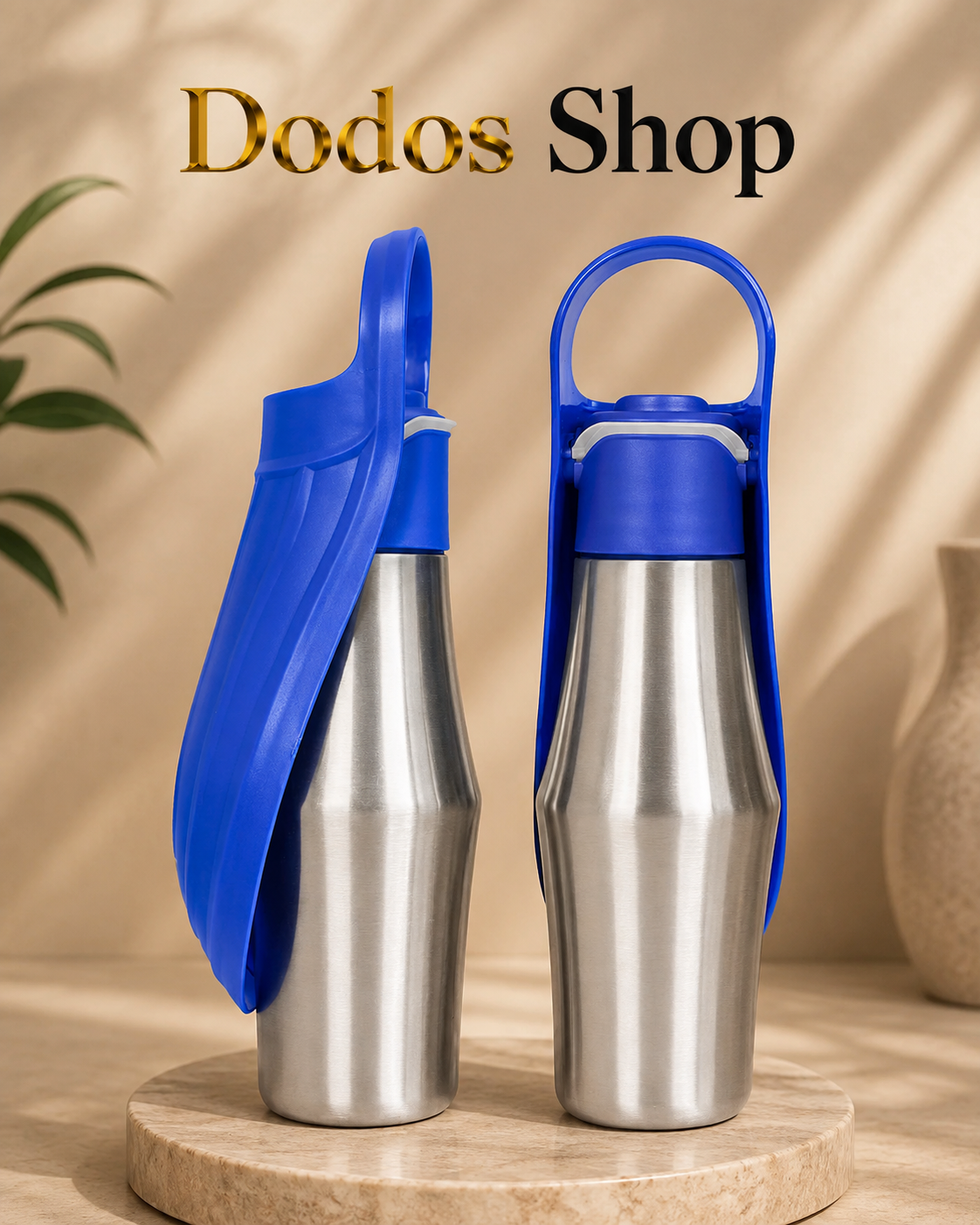 Two stainless steel water bottles with bright blue flip-top lids and carrying loops, displayed on a round wooden pedestal. One bottle is open, showing the lid design, and the other is closed.