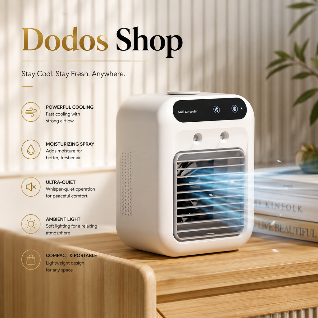 A compact white portable fan with integrated grills and a digital control panel sits on a wooden surface in a styled indoor setting. The image includes marketing text reading 'Dodos Shop' and feature callouts such as powerful cooling, moisturizing spray, ultra-quiet operation, ambient light, and compact portability.