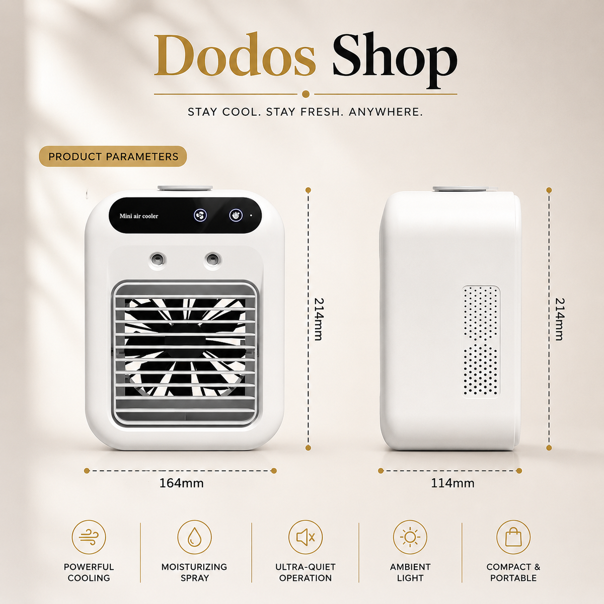 A product information graphic for a Dodos Shop mini air conditioner. It shows two views of the white portable mini AC with dimensions labeled: 164mm width, 214mm height, and 114mm width for the rear view.