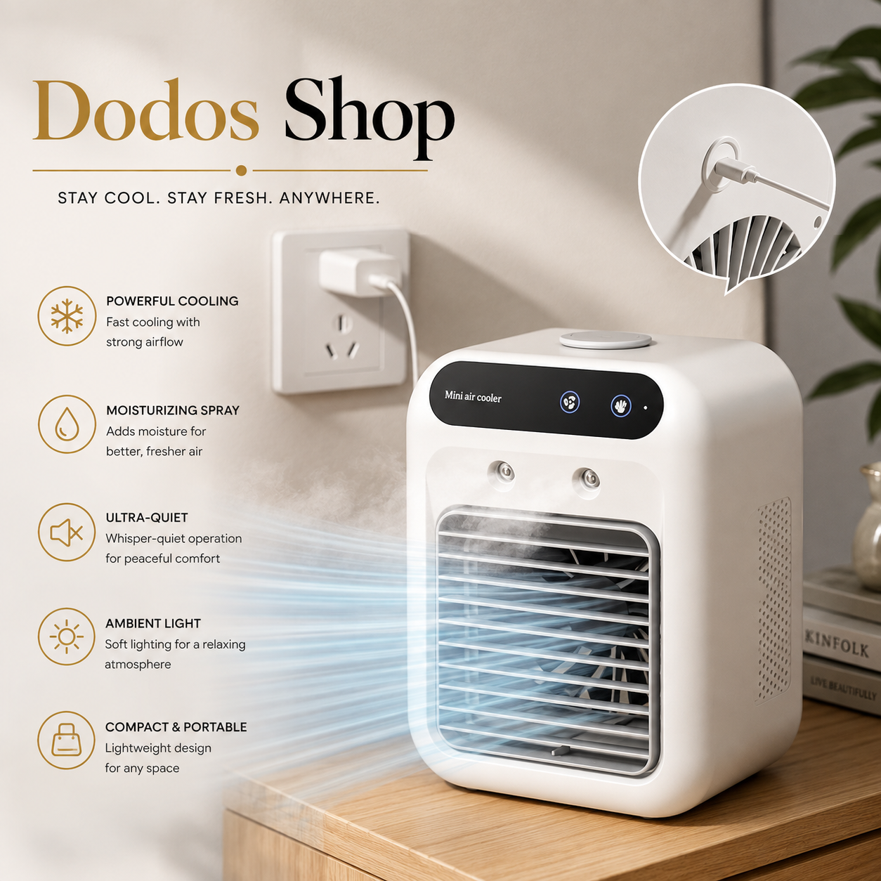 A white Dodos Shop mini air cooler with a digital control panel, shown on a wooden table in a home setting with promotional text and feature icons on the left.