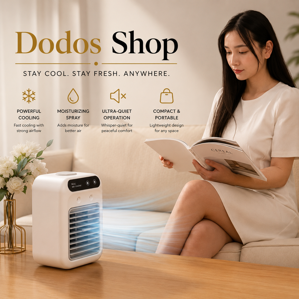 A woman in a white dress sits on a beige sofa reading a magazine, with a compact white portable fan placed on a wooden table in the foreground. The scene includes marketing text reading 'Dodos Shop' and feature callouts for cooling, moisturizing spray, quiet operation, and compact portability.