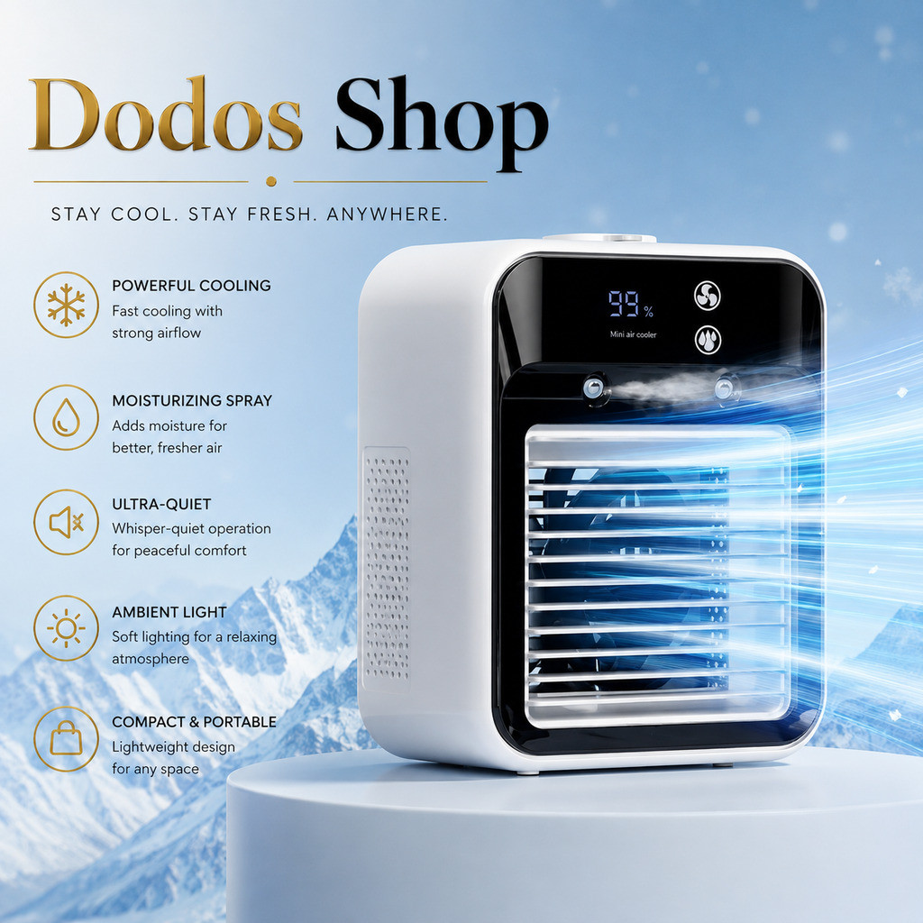 A compact white and black portable cooling fan with a digital display, shown on a pedestal with marketing text and icons for cooling, moisturizing spray, quiet operation, ambient light, and portability. The background is a soft icy blue gradient with the brand name Dodos Shop at the top.