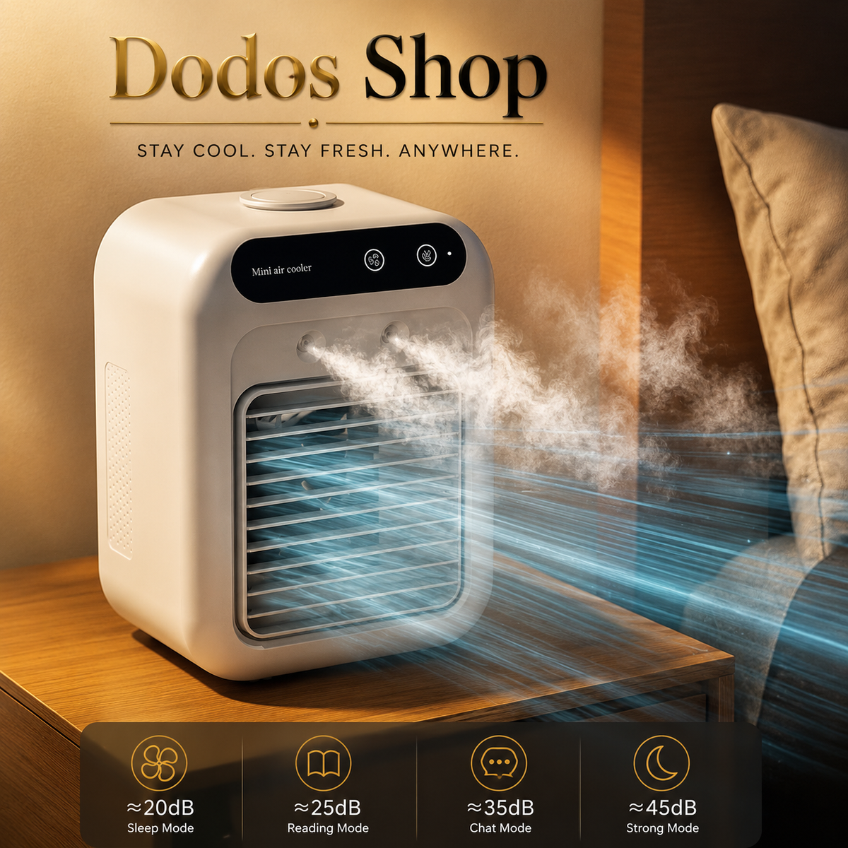 A compact white and black portable air cooler shown on a wooden bedside table with mist blowing out, alongside a pillow and the text 'Dodes Shop' and feature icons for sleep, reading, chat, and strong modes.