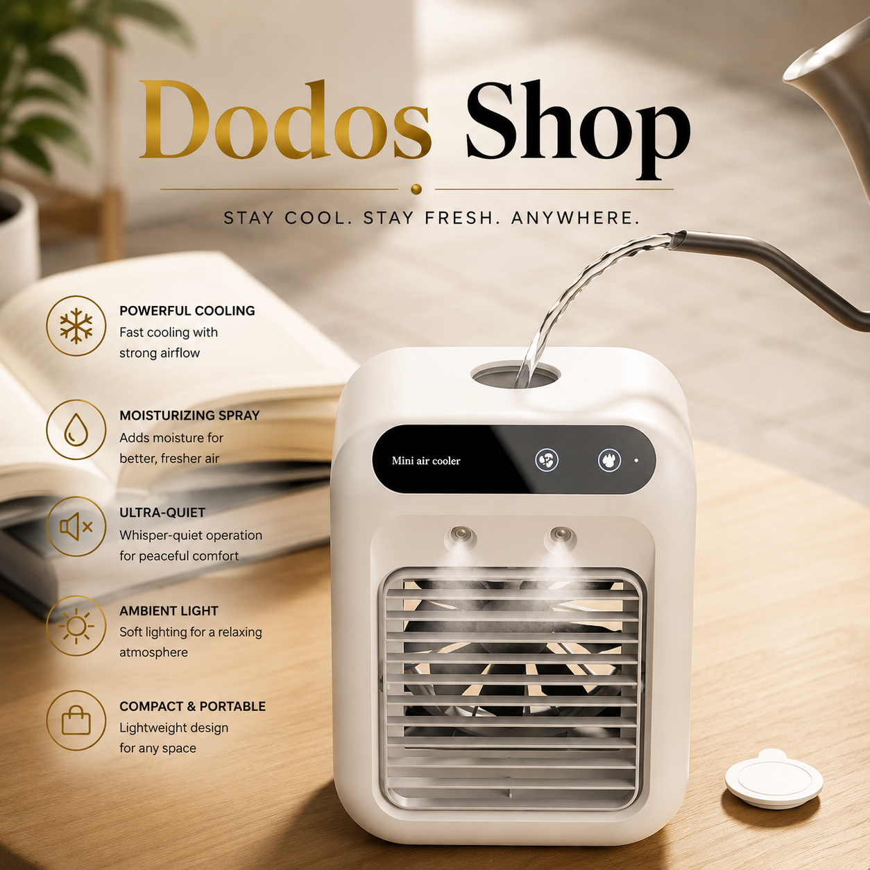 A compact white mini air cooler with a black digital control panel sits on a wooden table, with water being poured into its top opening. The image features promotional text overlays detailing its features (powerful cooling, moisturizing spray, ultra-quiet operation, ambient light, and compact portable design) and the 'Dodos Shop' brand logo at the top.