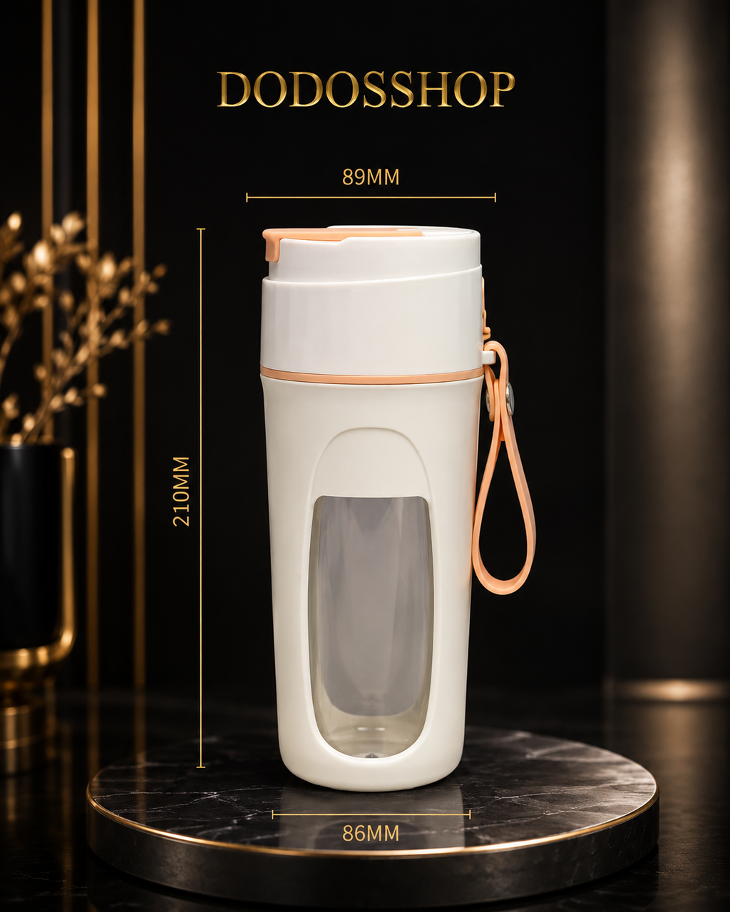 A white reusable water bottle with a peach-colored strap and trim, displayed on a round black marble pedestal. The image includes dimension lines and text indicating the bottle's height (210mm), width (86mm), and top diameter (89mm), with the brand name 'DODOSSHOP' at the top.