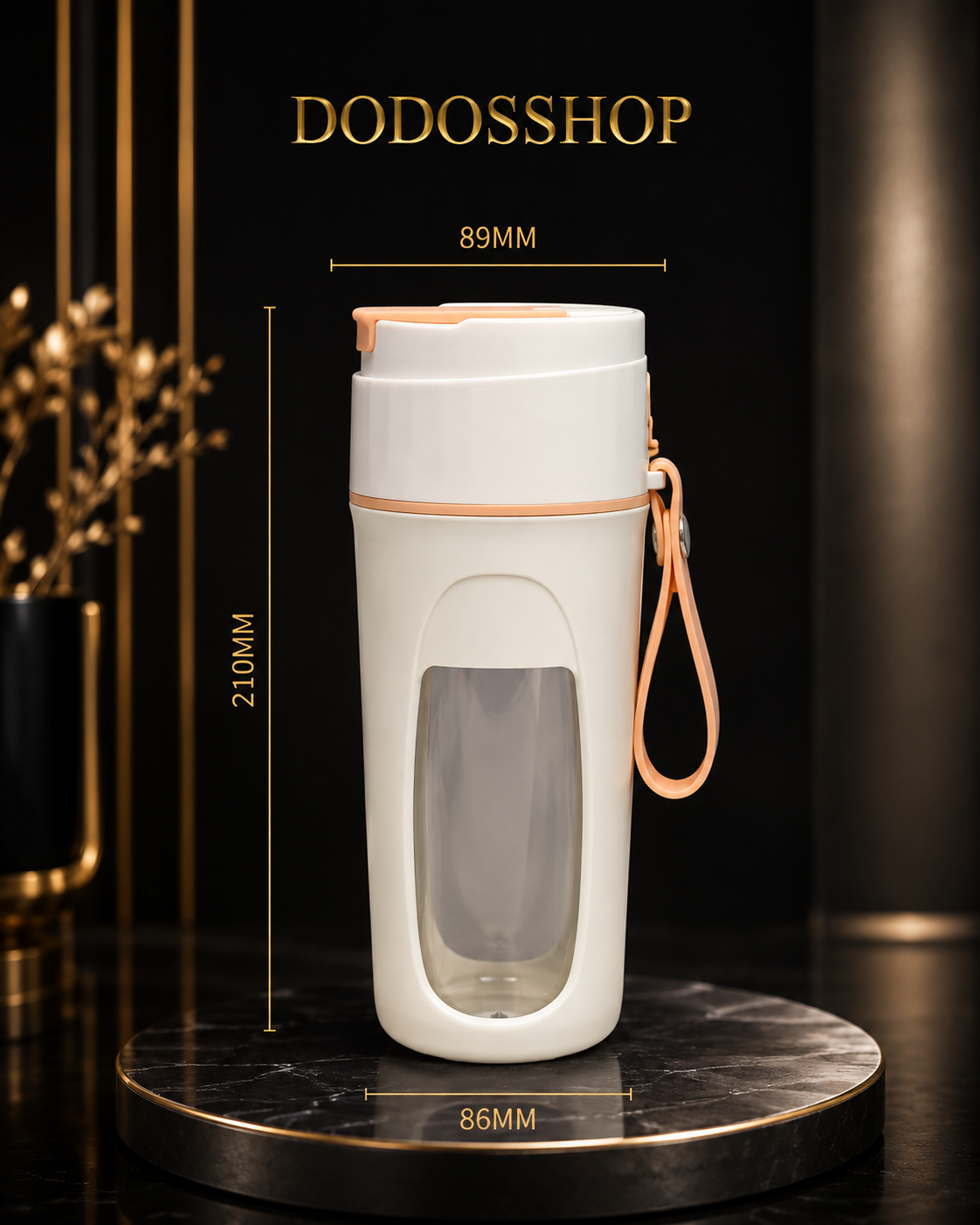 A white reusable water bottle with a peach-colored strap and trim, displayed on a round black marble pedestal. The image includes dimension lines and text indicating the bottle's height (210mm), width (86mm), and top diameter (89mm), with the brand name 'DODOSSHOP' at the top.