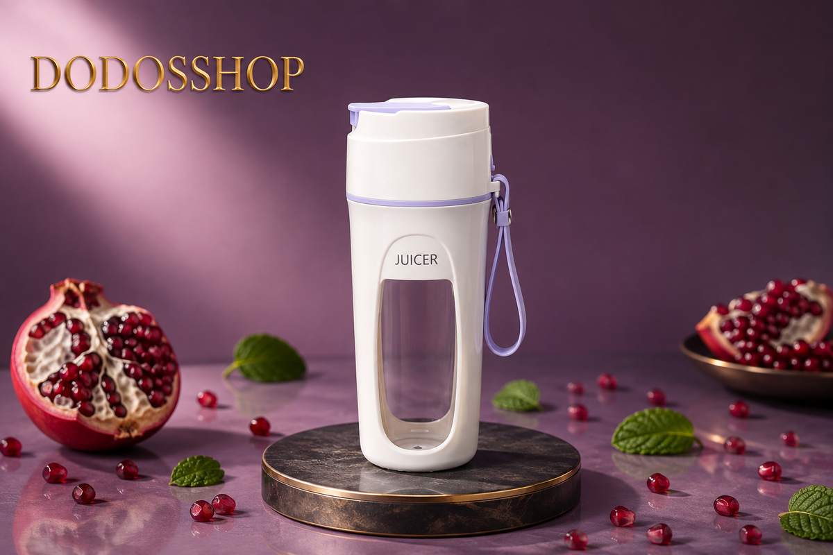 A white portable juicer bottle with a purple wrist strap and purple accents, displayed on a round pedestal. The background is a solid purple studio backdrop with pomegranate halves, mint leaves, and scattered pomegranate seeds.