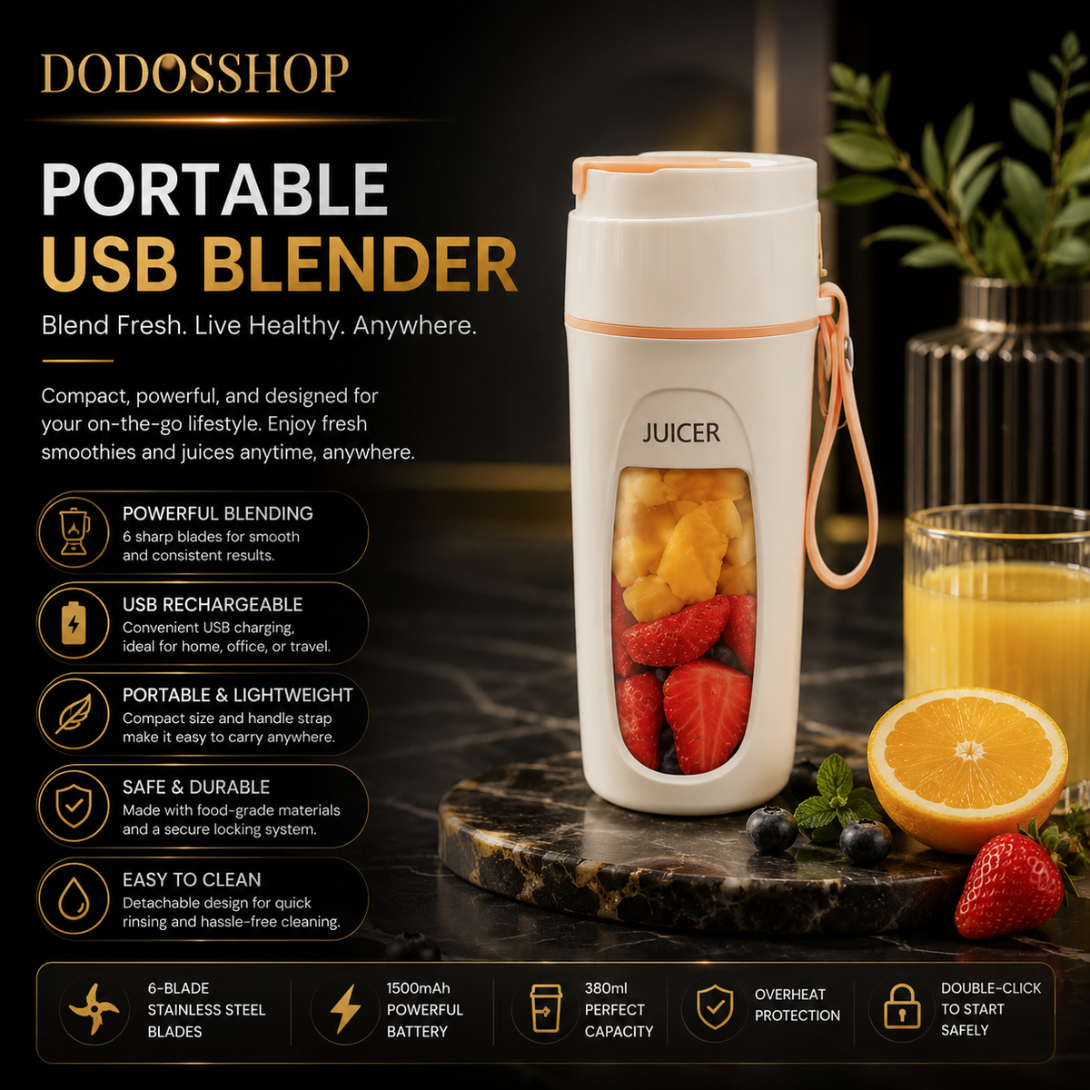 A portable USB blender bottle by Dodoshop, shown on a dark styled background with fruit and a glass of juice. The bottle is white with peach accents and a clear window showing blended fruit.