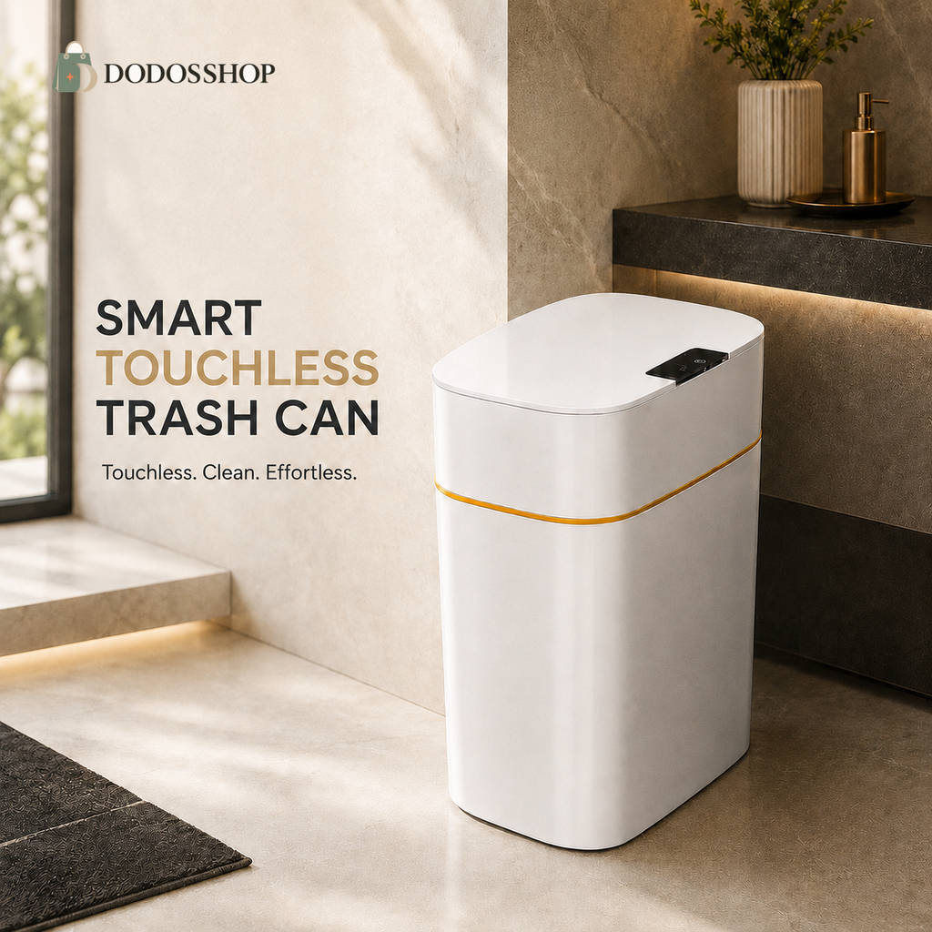 White smart touchless trash can with automatic motion sensor lid and gold trim, displayed in a modern bathroom with the official Dodosshop logo.