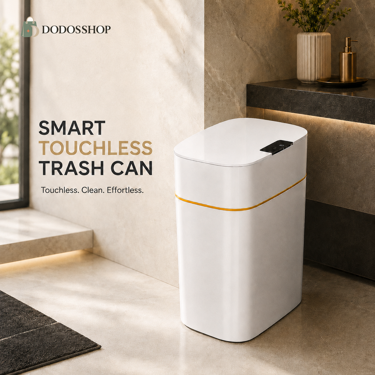 White smart touchless trash can with automatic motion sensor lid and gold trim, displayed in a modern bathroom with the official Dodosshop logo.