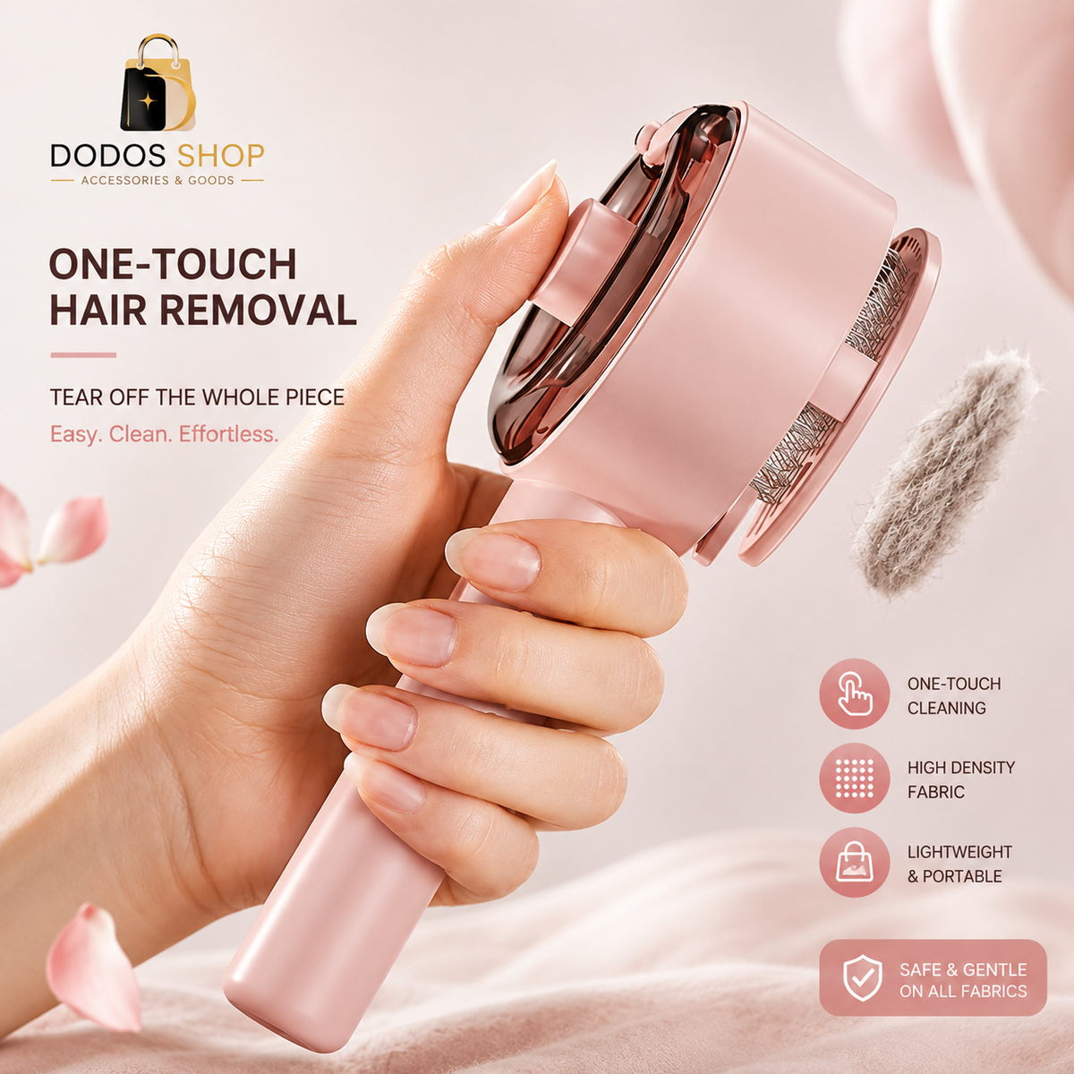 Steam Pet Grooming Brush
A hand holds a Dodos Shop one-touch hair removal device in a soft pink metallic finish, shown against a light pink background with decorative petals and product feature callouts.