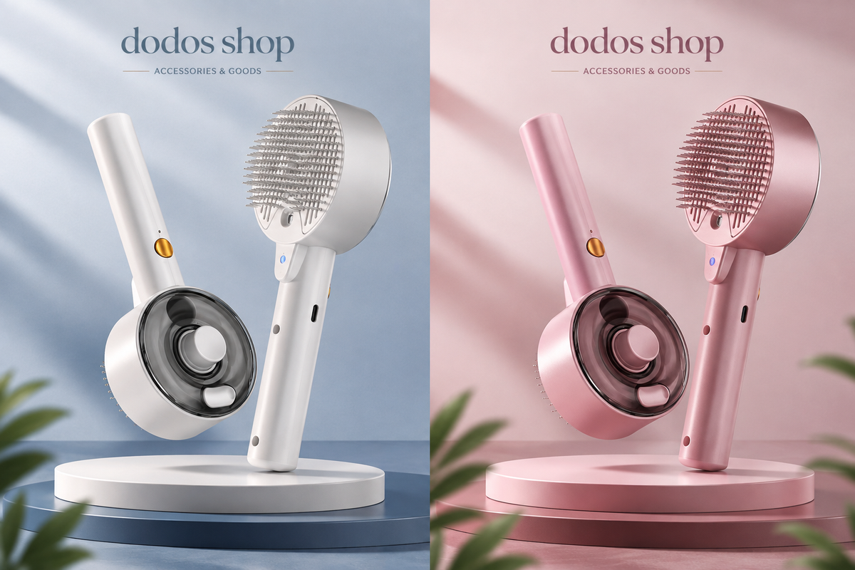 Steam Pet Grooming Brush
A split promotional image showing the same handheld grooming device in two colorways: white on the left against a soft blue background, and pink on the right against a soft pink background. The product is displayed upright on a round charging base with a brush head and circular attachment visible.