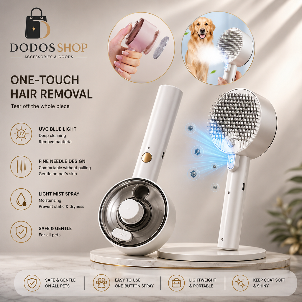 Steam Pet Grooming Brush
Dodos Shop one-touch hair removal device shown in a clean promotional layout with two white handheld units on a marble-like stand, plus inset photos of a hand and a dog using the product. Text highlights UVC blue light, fine needle design, light mist spray, and safe gentle use for pets.