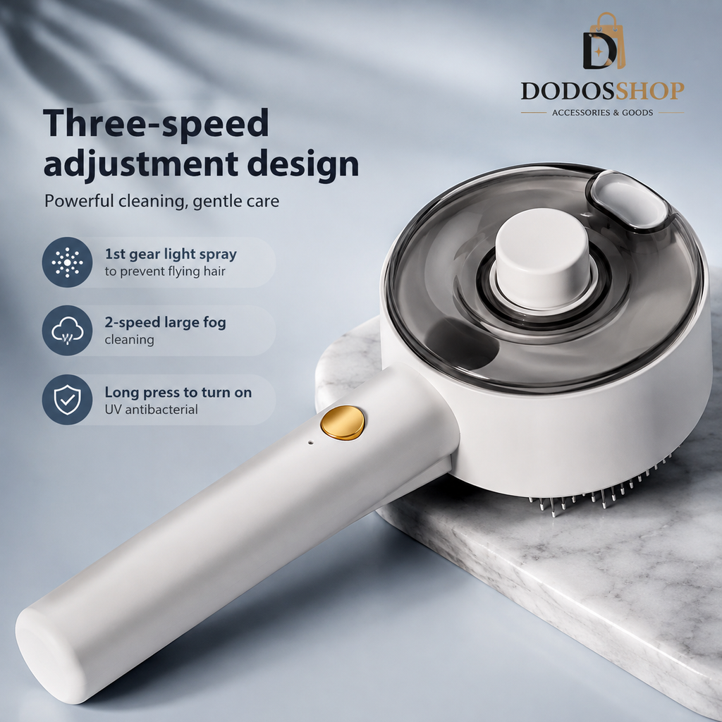 Steam Pet Grooming Brush
A handheld electric hairbrush with a white handle, clear cover, and gold button, shown on a marble surface with promotional text and the DODOSHOP logo.