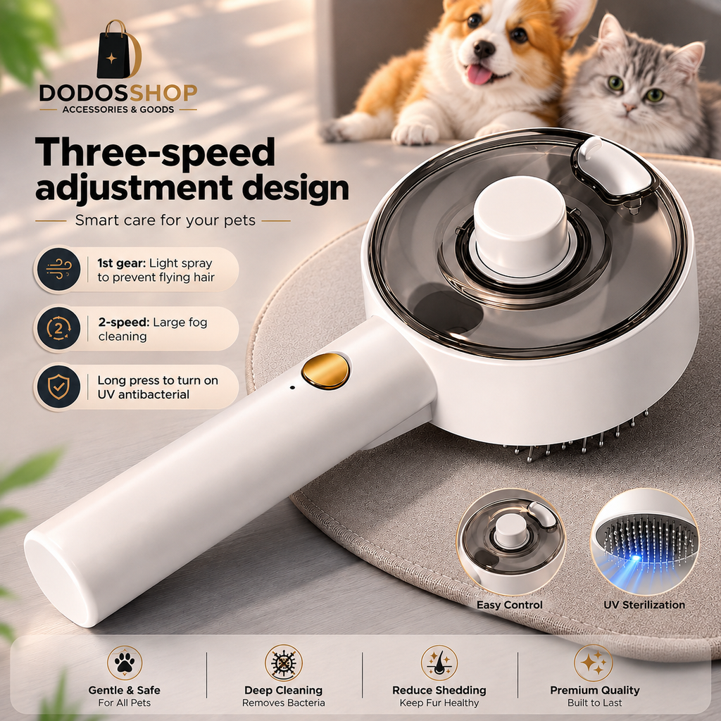 Steam Pet Grooming Brush
White and silver pet grooming brush with a transparent cover and gold button, shown on a gray mat with promotional text and photos of two dogs in the background. Brand DODOSHOP is visible.