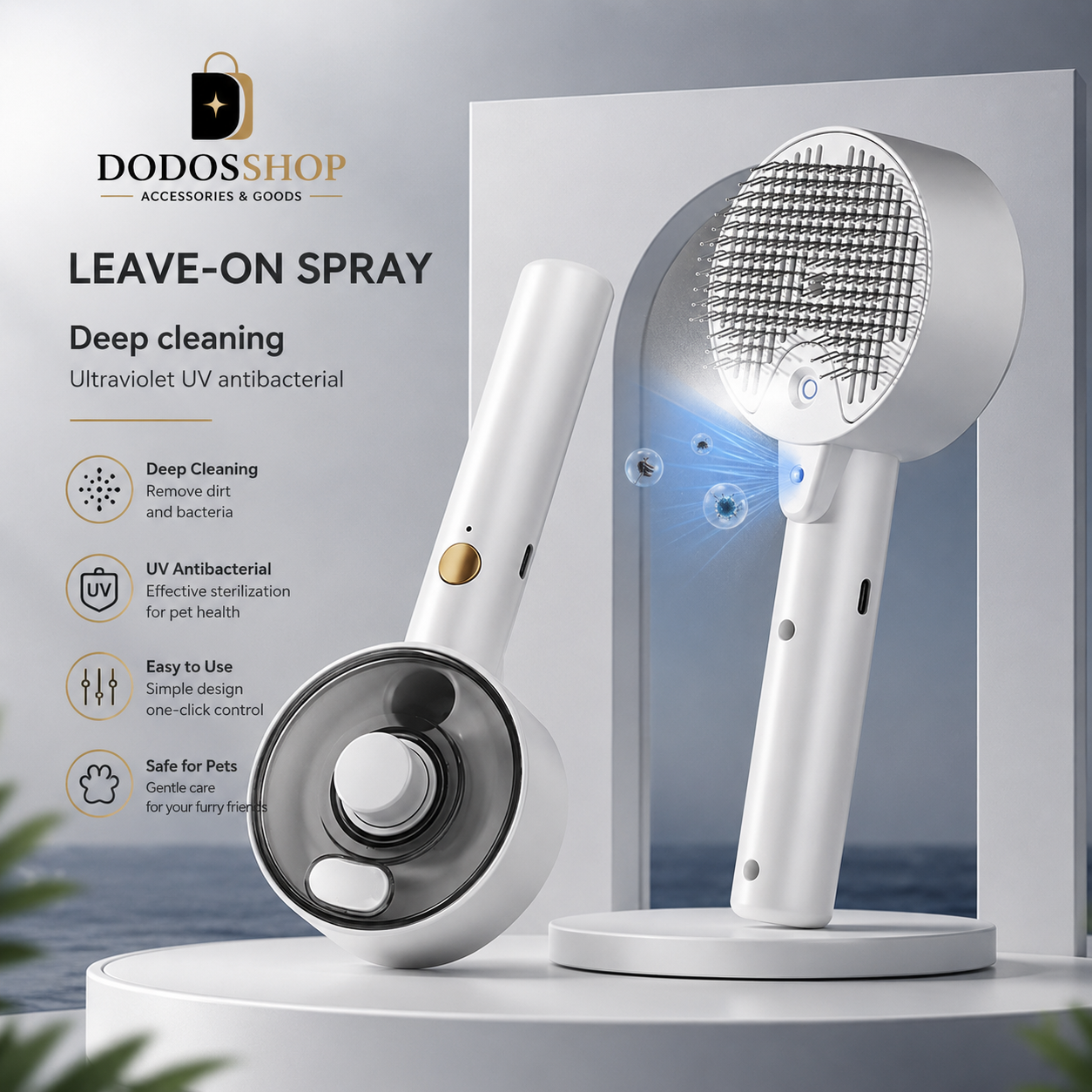Steam Pet Grooming Brush
Dodoshop leave-on pet spray shower head and wand set displayed on a white pedestal with promotional text on the left. The set includes a white handheld wand with a gold button and a matching round shower head on a white base.