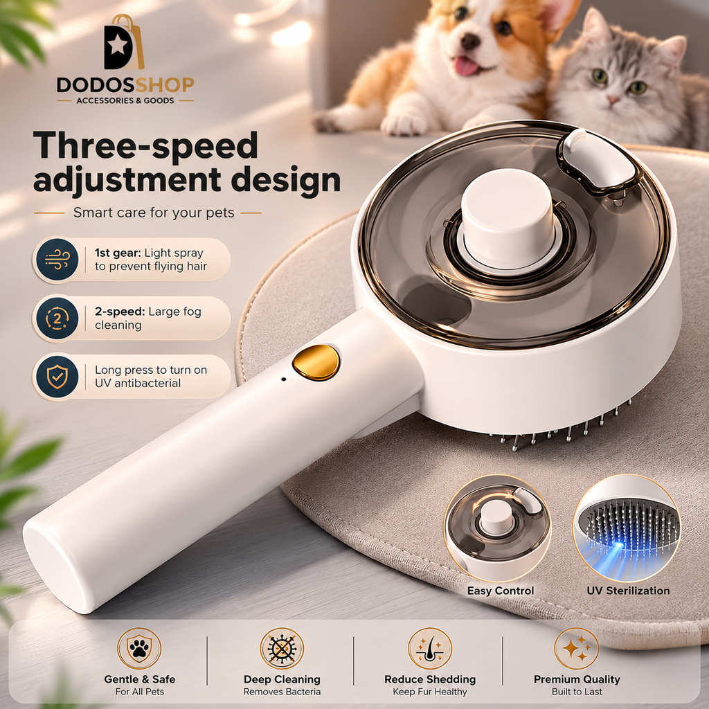 Steam Pet Grooming Brush
A pet grooming brush shown on a beige rug with a dog and cat in the background, plus marketing text and feature callouts for the DODOSSHOP three-speed adjustment design pet cleaner.