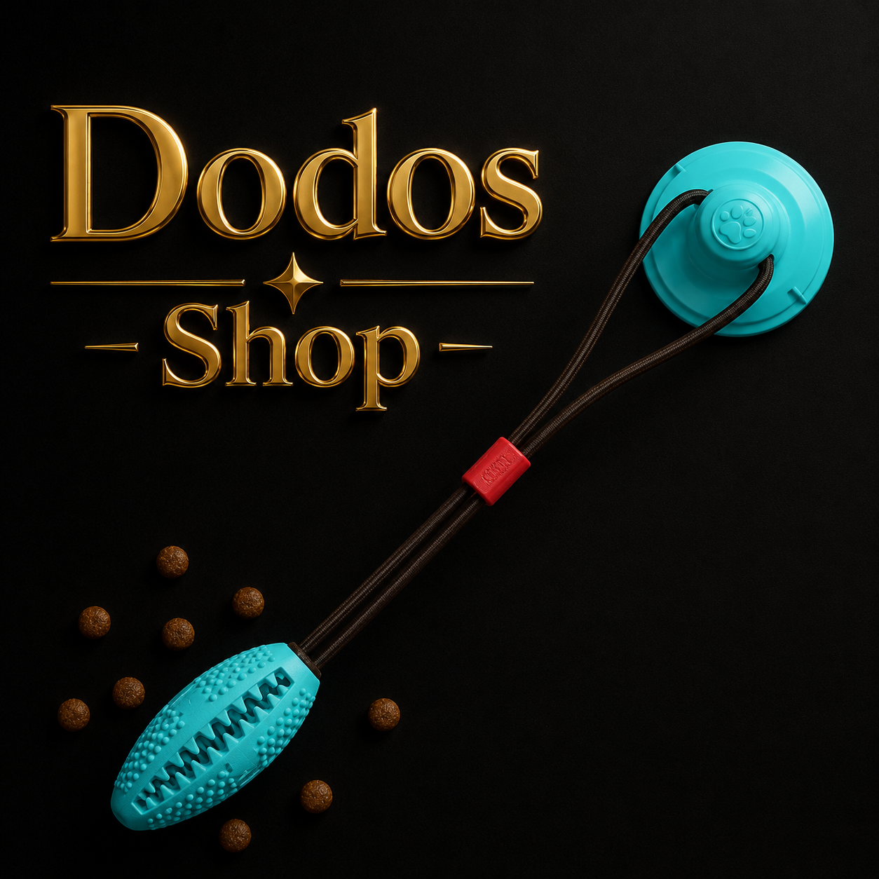 Suction Cup Pets Toys
A pet tug toy with a turquoise blue football-shaped head, dark brown elastic cords, and a small red loop, shown on a black background with the text 'Dodos Shop' and scattered brown kibble balls.