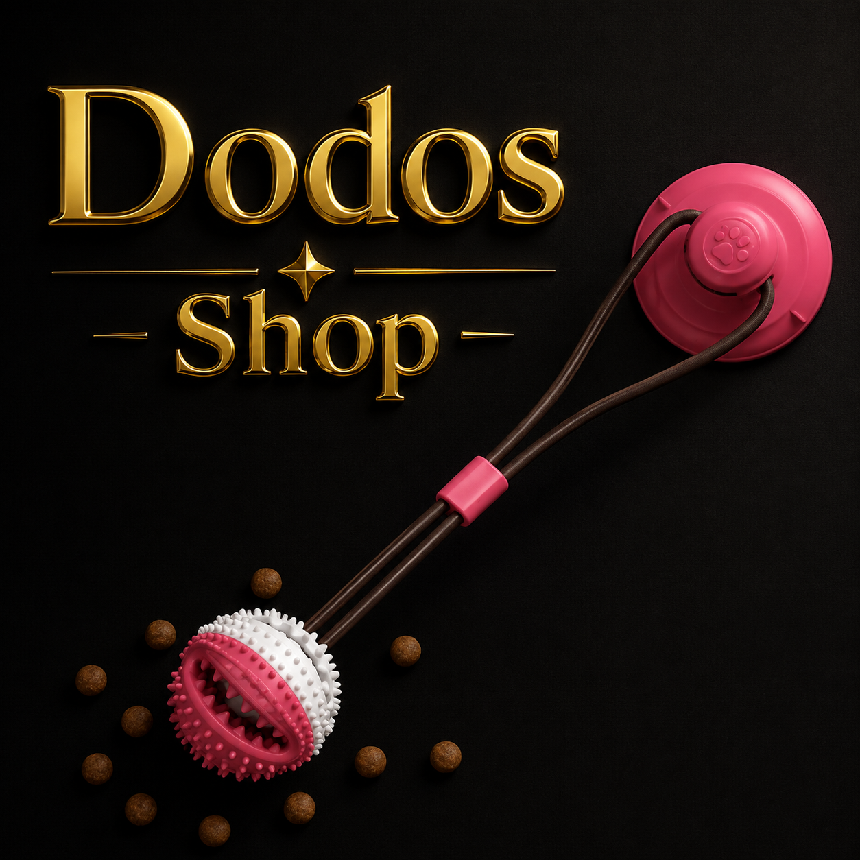 Suction Cup Pets Toys
A pink and white suction-cup pet toy with brown cords and a pink handle, displayed on a black background with kibble pieces and the text 'Dodos Shop' in gold lettering.