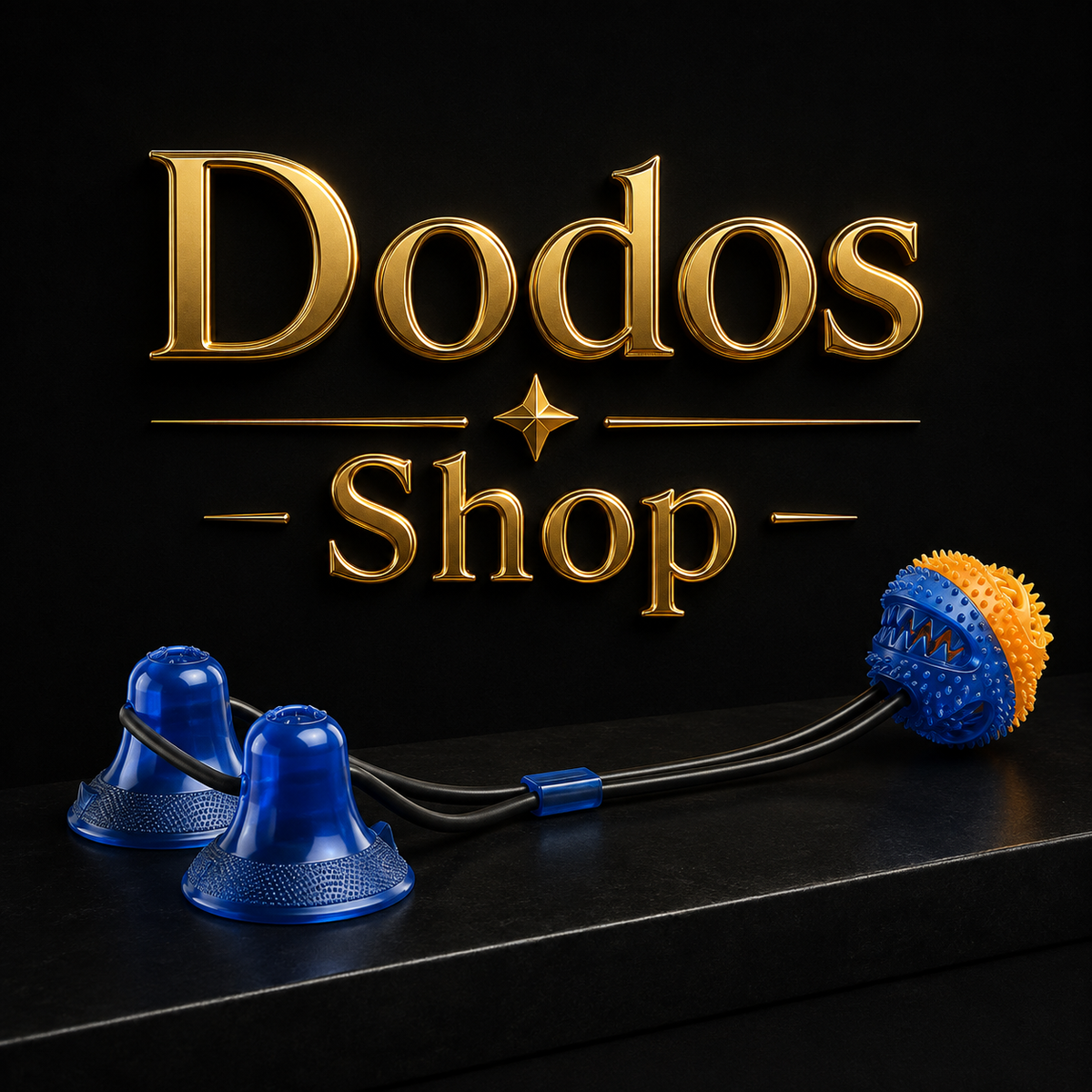 Suction Cup Pets Toys
A blue and orange textured dog toy with black elastic cords and two blue bell-shaped accessories, displayed on a black surface with a gold 'Dodos Shop' logo in the background.