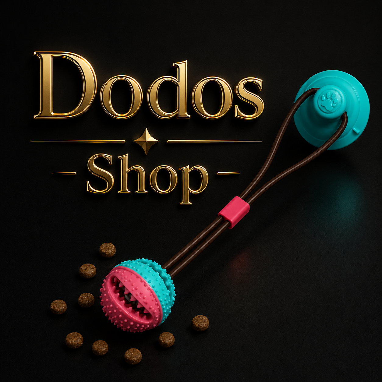 Suction Cup Pets Toys
A pet tug toy with a turquoise and pink textured ball on a brown elastic rope, displayed on a black background with scattered kibble and a large gold 'Dodos Shop' logo.