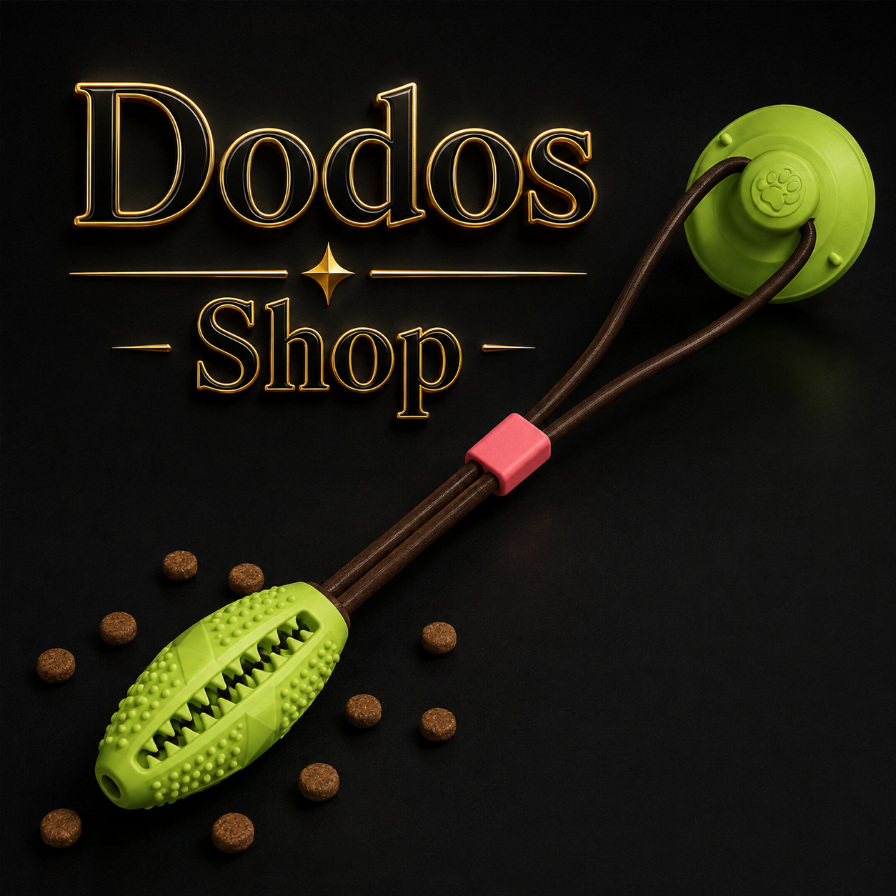Suction Cup Pets Toys
A green dog chew toy with a pink accent and brown rope handle, displayed on a black background with scattered kibble and a gold 'Dodos Shop' logo overlay.