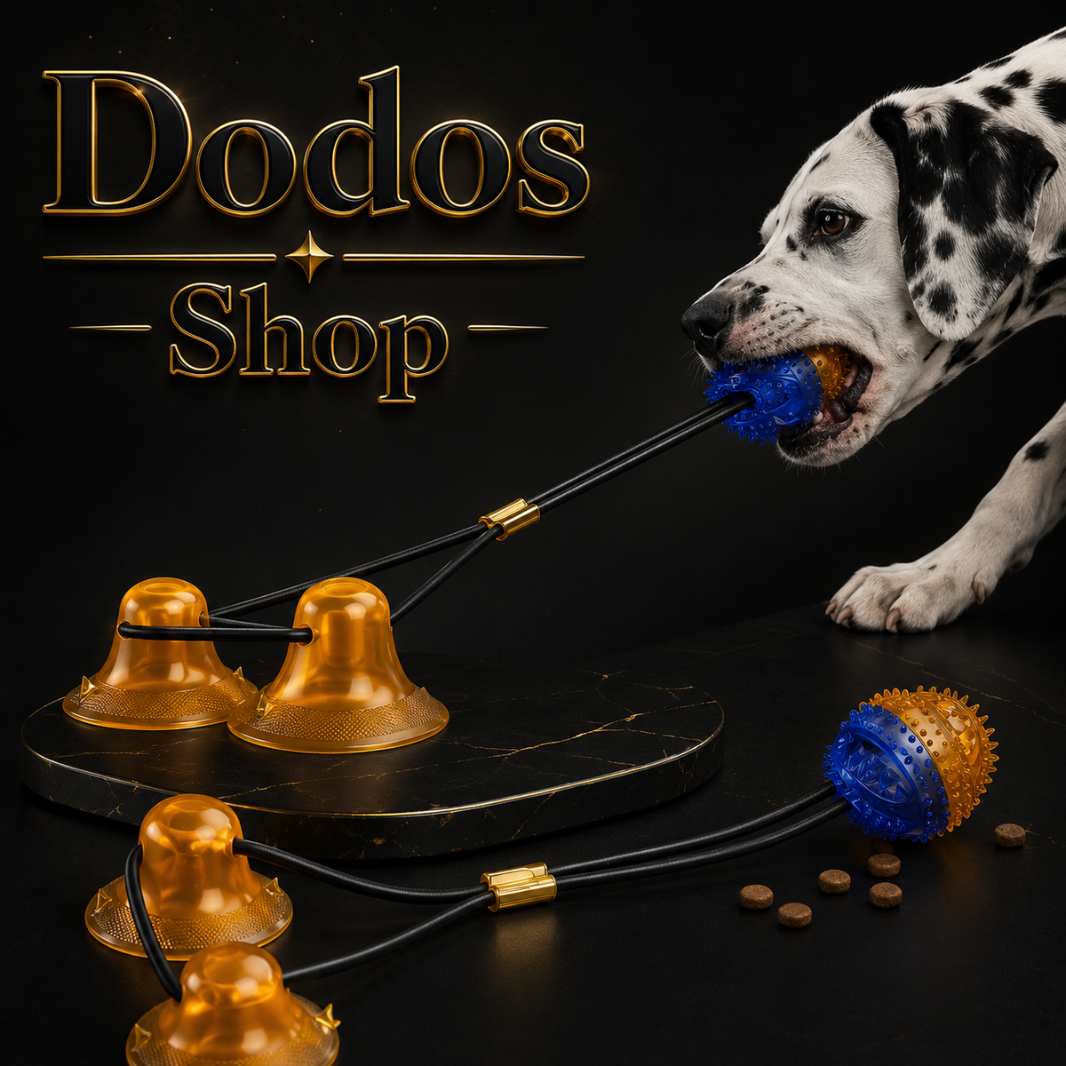 Suction Cup Pets Toys
A Dalmatian dog pulls a blue and orange textured ball on a black string toy, with additional similar toys displayed on a black surface. Large gold 'Dodos Shop' text appears in the upper left.