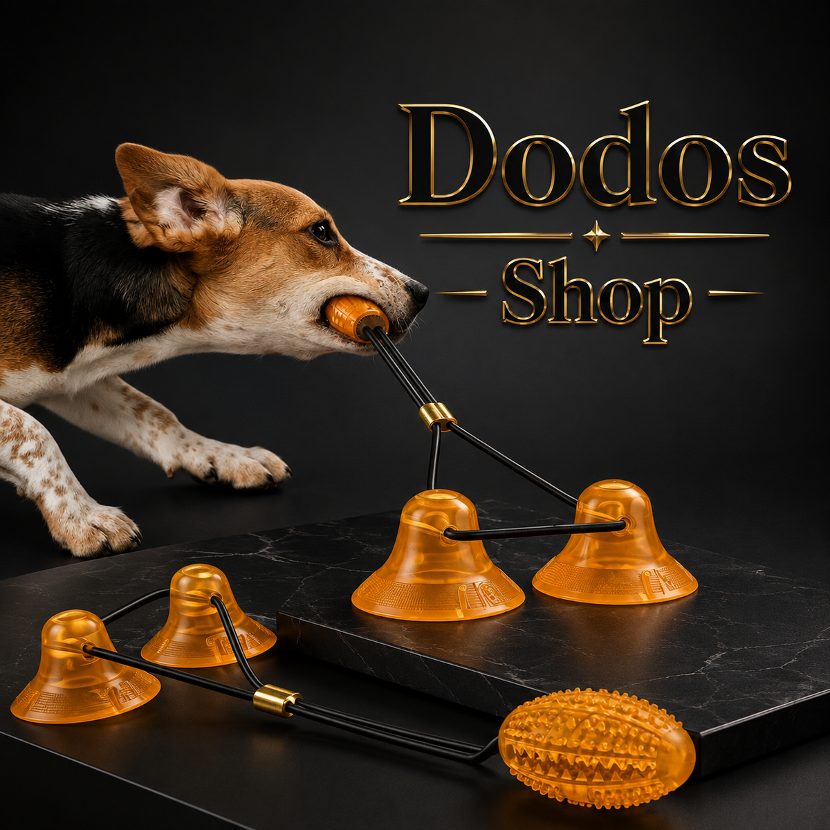 Suction Cup Pets Toys
A beagle is pulling a black-and-orange dog toy with suction cups on a dark marble surface against a black background, with the text 'Dodos Shop' in gold lettering. The product shown is the dog toy set, including suction-cup handles, a black rope, and an orange textured ball.