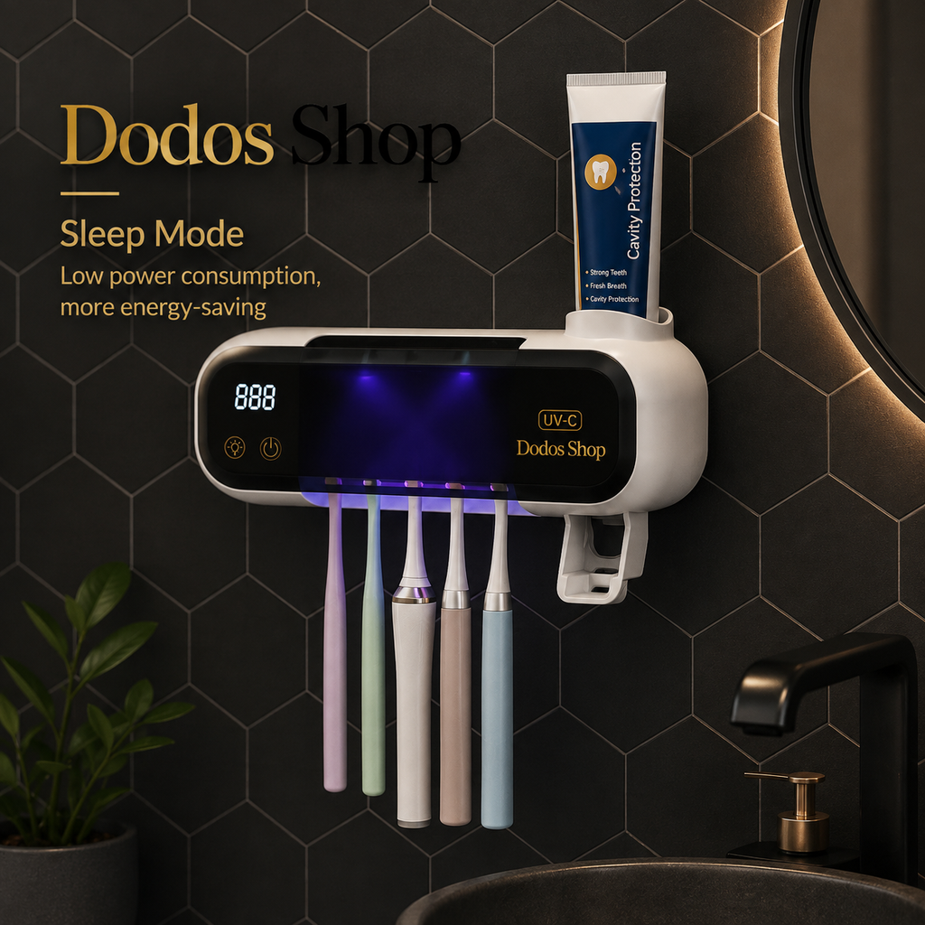 A wall-mounted electric toothbrush holder by Dodos Shop with five toothbrushes in pastel colors, a toothpaste tube mounted above, and a digital display on a dark hexagonal tiled bathroom wall.