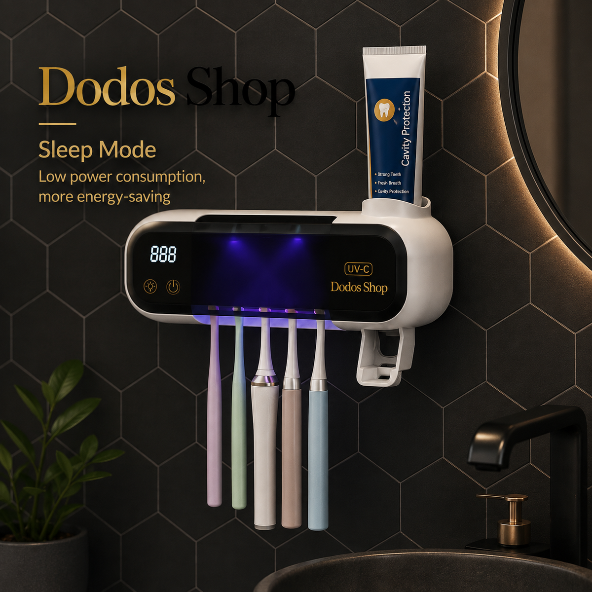 A wall-mounted electric toothbrush holder by Dodos Shop with five toothbrushes in pastel colors, a toothpaste tube mounted above, and a digital display on a dark hexagonal tiled bathroom wall.