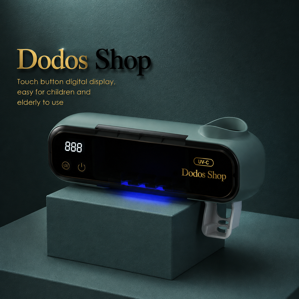 UV Toothbrush Holder dodosshop
A Dodos Shop UV lamp for nail care, shown resting on a matching pedestal against a dark textured background. The device has a sage green body, a black digital touch display showing '888', and gold brand lettering.