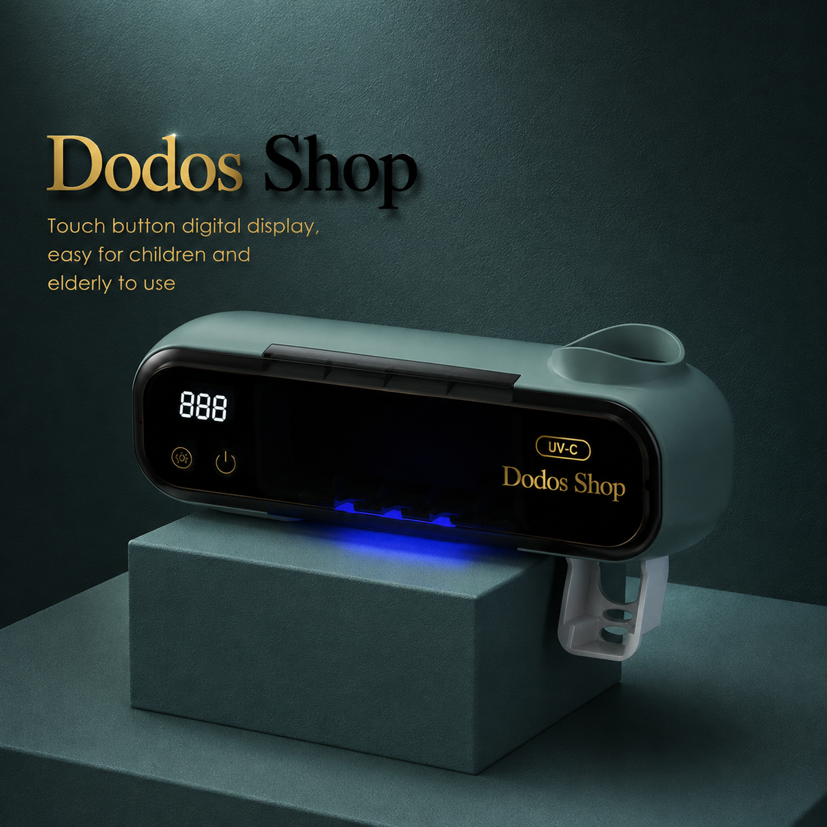 UV Toothbrush Holder dodosshop
A Dodos Shop UV lamp for nail care, shown resting on a matching pedestal against a dark textured background. The device has a sage green body, a black digital touch display showing '888', and gold brand lettering.