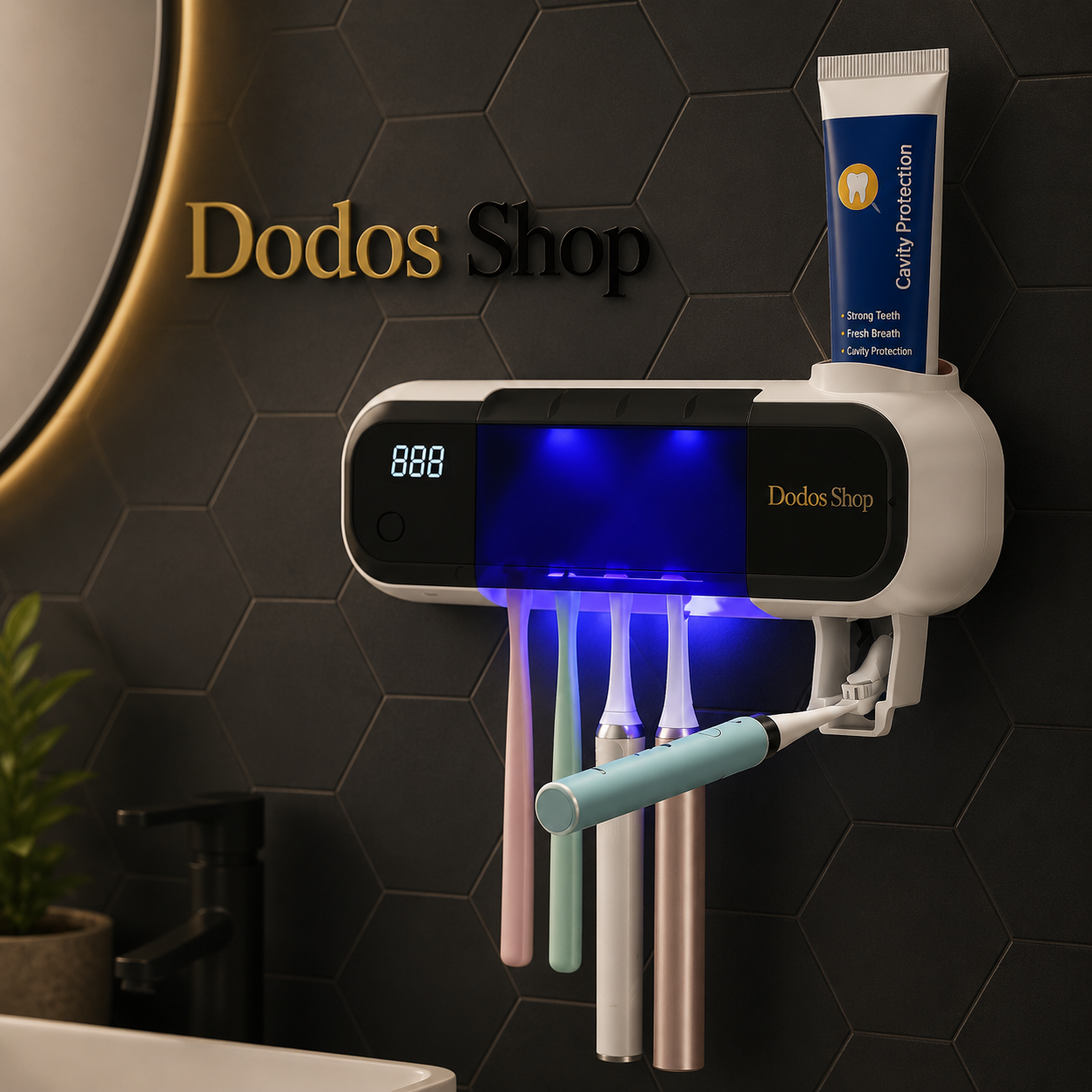 A wall-mounted toothbrush holder and toothpaste dispenser with a digital LED display and blue UV light, shown installed on a dark hexagonal tiled bathroom wall. A tube of toothpaste is stored in the top slot, and three toothbrushes are hanging below.
