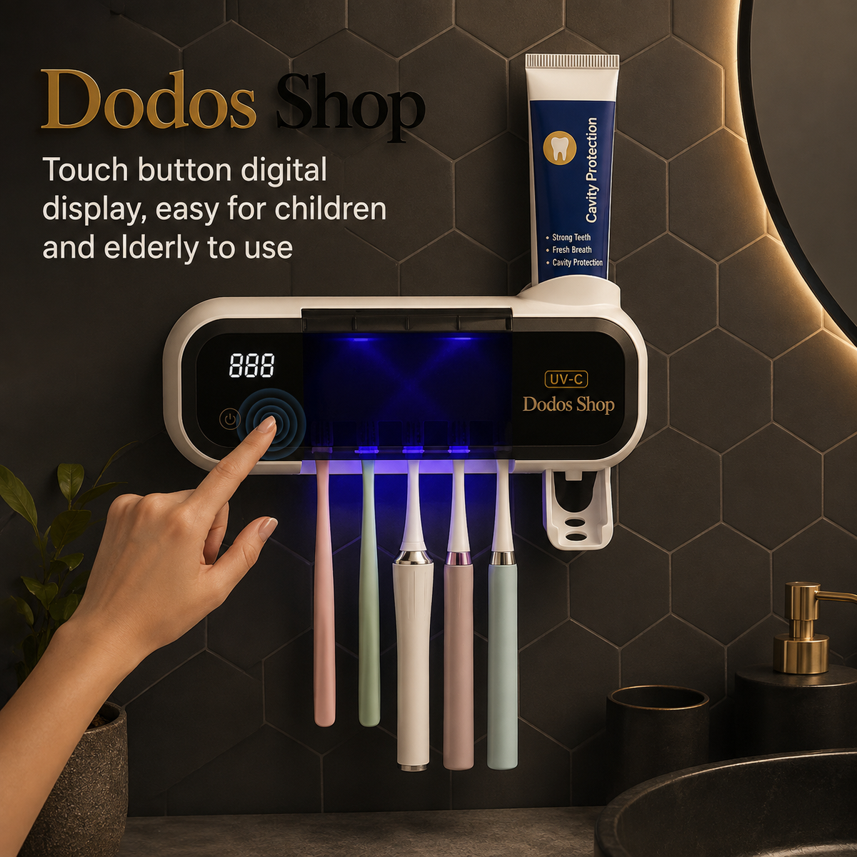 A wall-mounted electric toothbrush holder with five toothbrushes in pastel colors, a digital touch display, and a tube of toothpaste, shown in a bathroom setting with a hand touching the control button. The brand 'Dodos Shop' is visible on the product and in the text overlay.