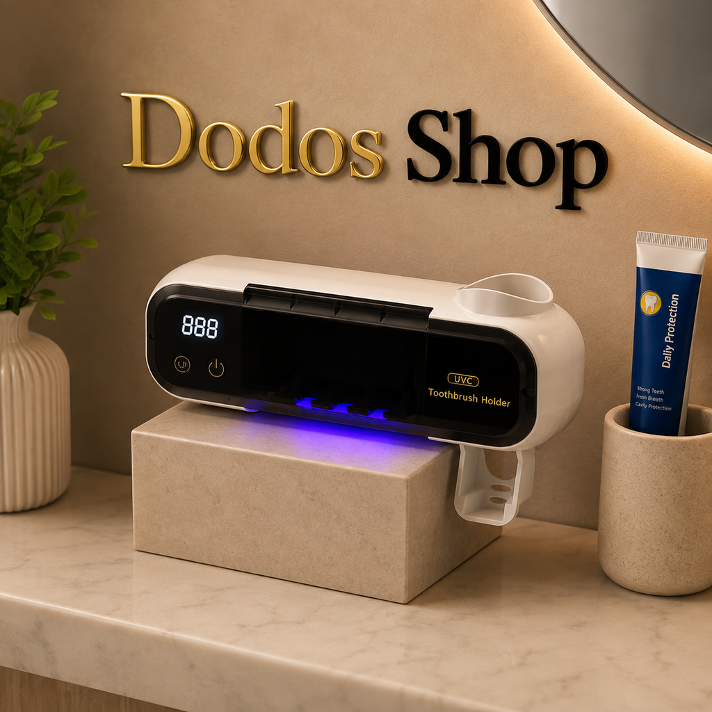 UV Toothbrush Holder dodosshop
A white and black automatic toothbrush holder and tooth cleaner machine sits on a beige stone block on a bathroom counter, with a tube of toothpaste in a holder next to it. The background features a beige wall with gold and black lettering that reads 'Dodos Shop'.