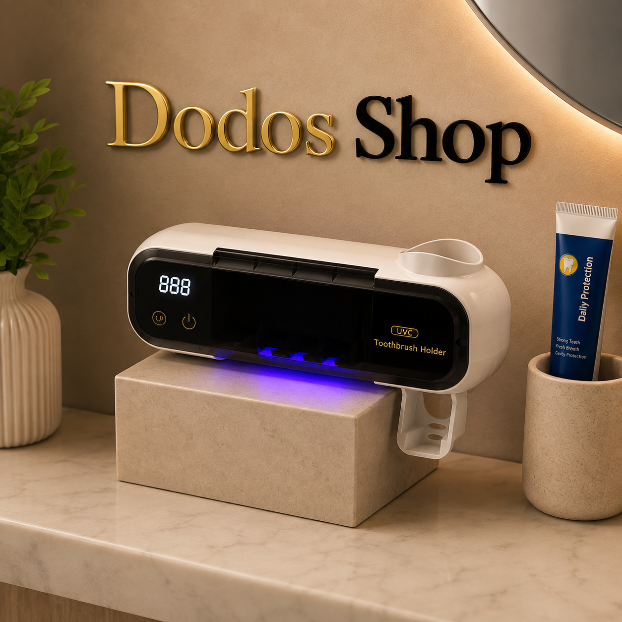 UV Toothbrush Holder dodosshop
A white and black automatic toothbrush holder and tooth cleaner machine sits on a beige stone block on a bathroom counter, with a tube of toothpaste in a holder next to it. The background features a beige wall with gold and black lettering that reads 'Dodos Shop'.